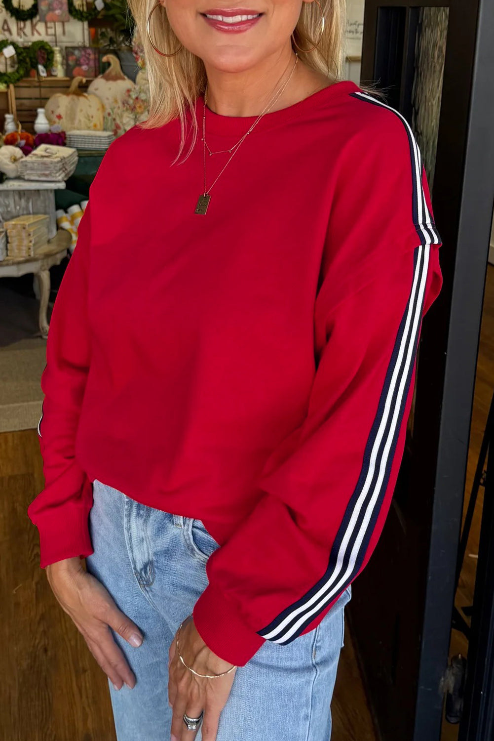 Fiery Red Contrast Striped Detail Varsity Sweatshirt-Tops/Sweatshirts & Hoodies-[Adult]-[Female]-Fiery Red-S-2022 Online Blue Zone Planet