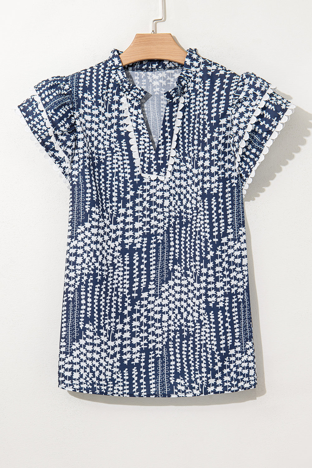 Sky Blue Abstract Print Ric Rac Trim Flutter Sleeve Notch V Neck Blouse-Tops/Blouses & Shirts-[Adult]-[Female]-2022 Online Blue Zone Planet
