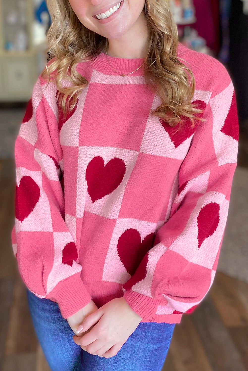 open lace back dress Pink Love Heart Checkered Valentine Crew Neck Sweater Pink / L / 52%Viscose+26%Polyester+22%Polyamide