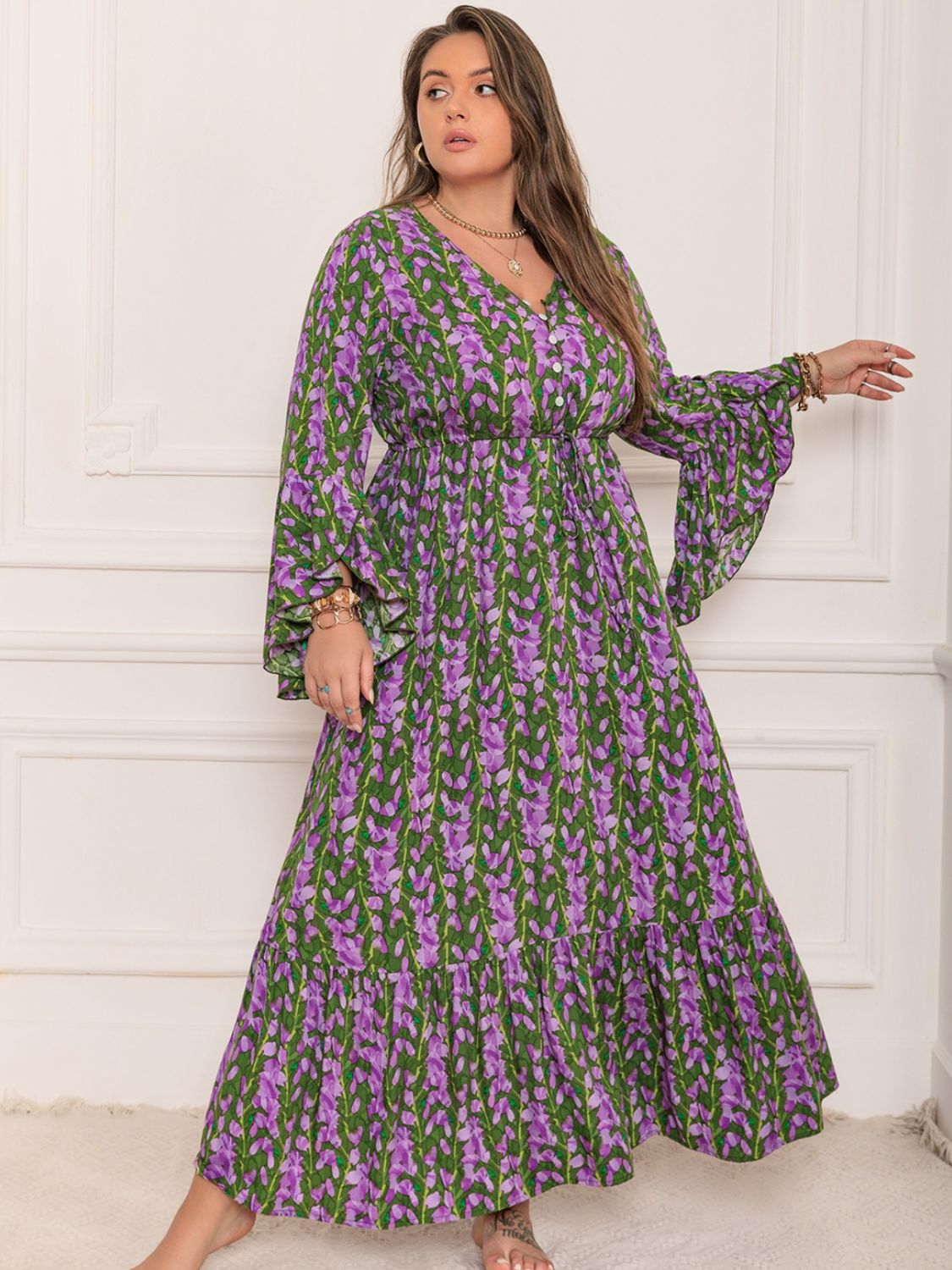 Blue Zone Planet | Plus Size Printed V-Neck Long Sleeve Maxi Dress-TOPS / DRESSES-[Adult]-[Female]-2022 Online Blue Zone Planet