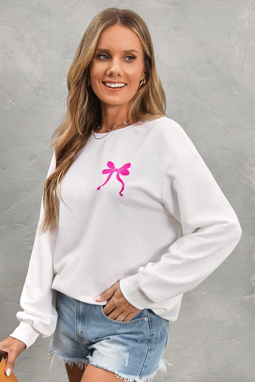 White Bow Graphic Casual Crewneck Sweatshirt-Graphic Sweatshirts-[Adult]-[Female]-2022 Online Blue Zone Planet