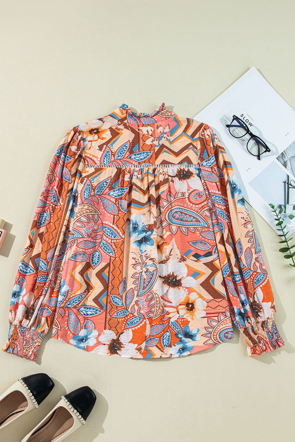 Blue Zone Planet | Orange Floral Print Shirred Cuff Buttoned Loose Shirt-Tops/Blouses & Shirts-[Adult]-[Female]-2022 Online Blue Zone Planet