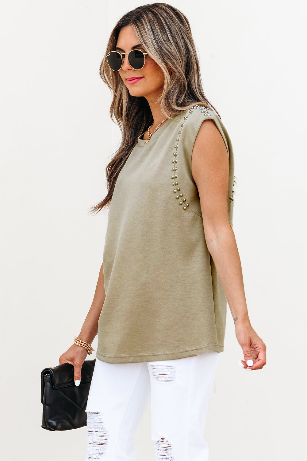 Sage Green Studded Cap Sleeve Round Neck T Shirt-Tops/Tops & Tees-[Adult]-[Female]-2022 Online Blue Zone Planet
