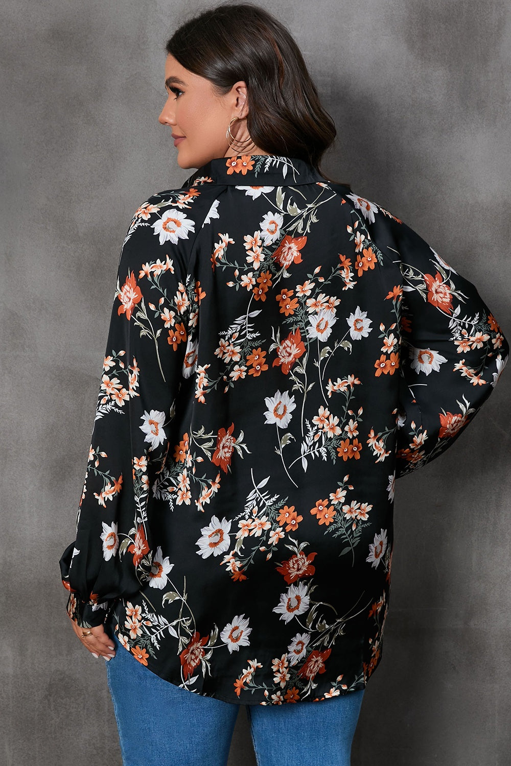 Plus Size Printed Johnny Collar Long Sleeve Blouse-TOPS / DRESSES-[Adult]-[Female]-2022 Online Blue Zone Planet