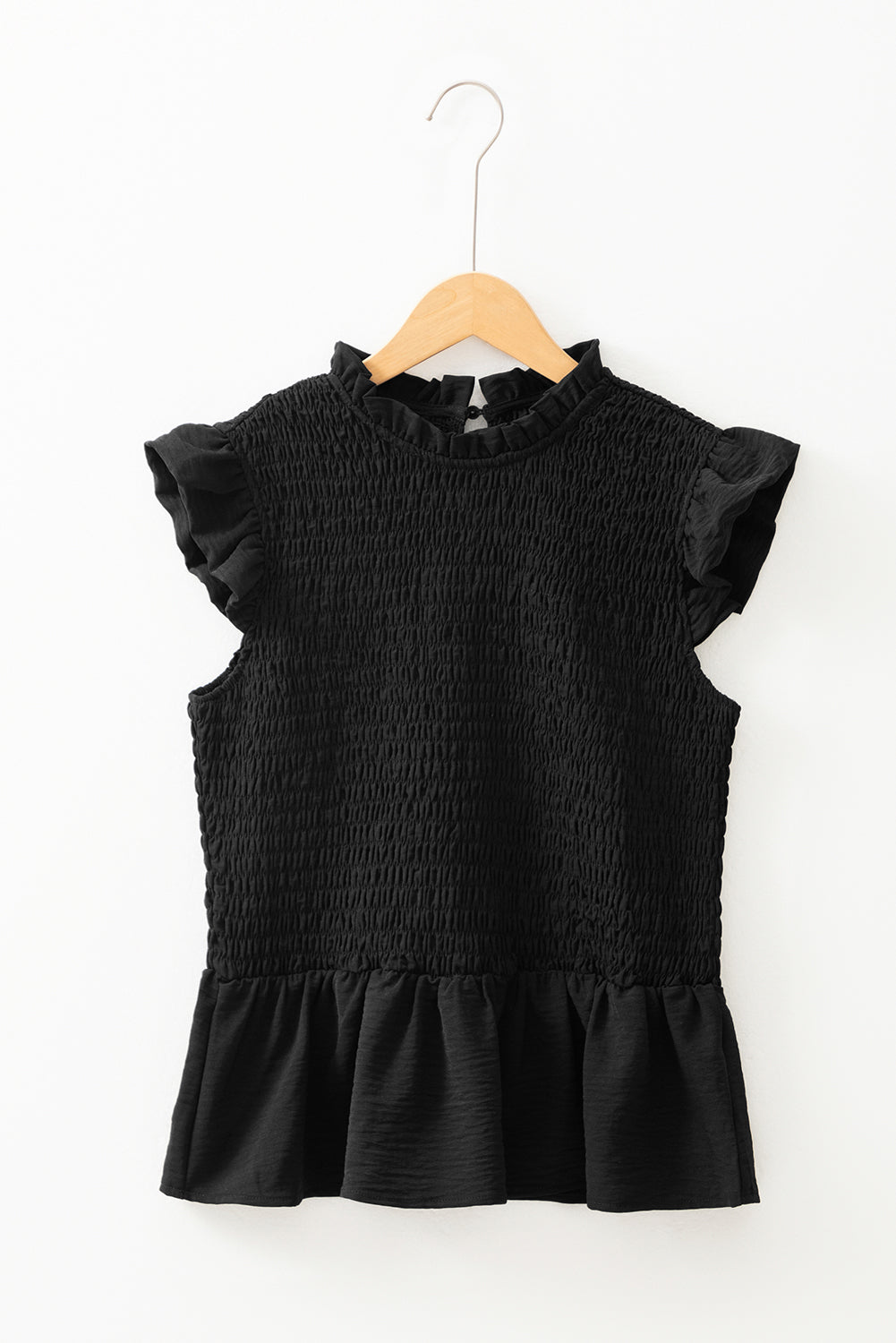 Black Ruffle Short Sleeve Shirred Peplum Top-Tops/Blouses & Shirts-[Adult]-[Female]-2022 Online Blue Zone Planet