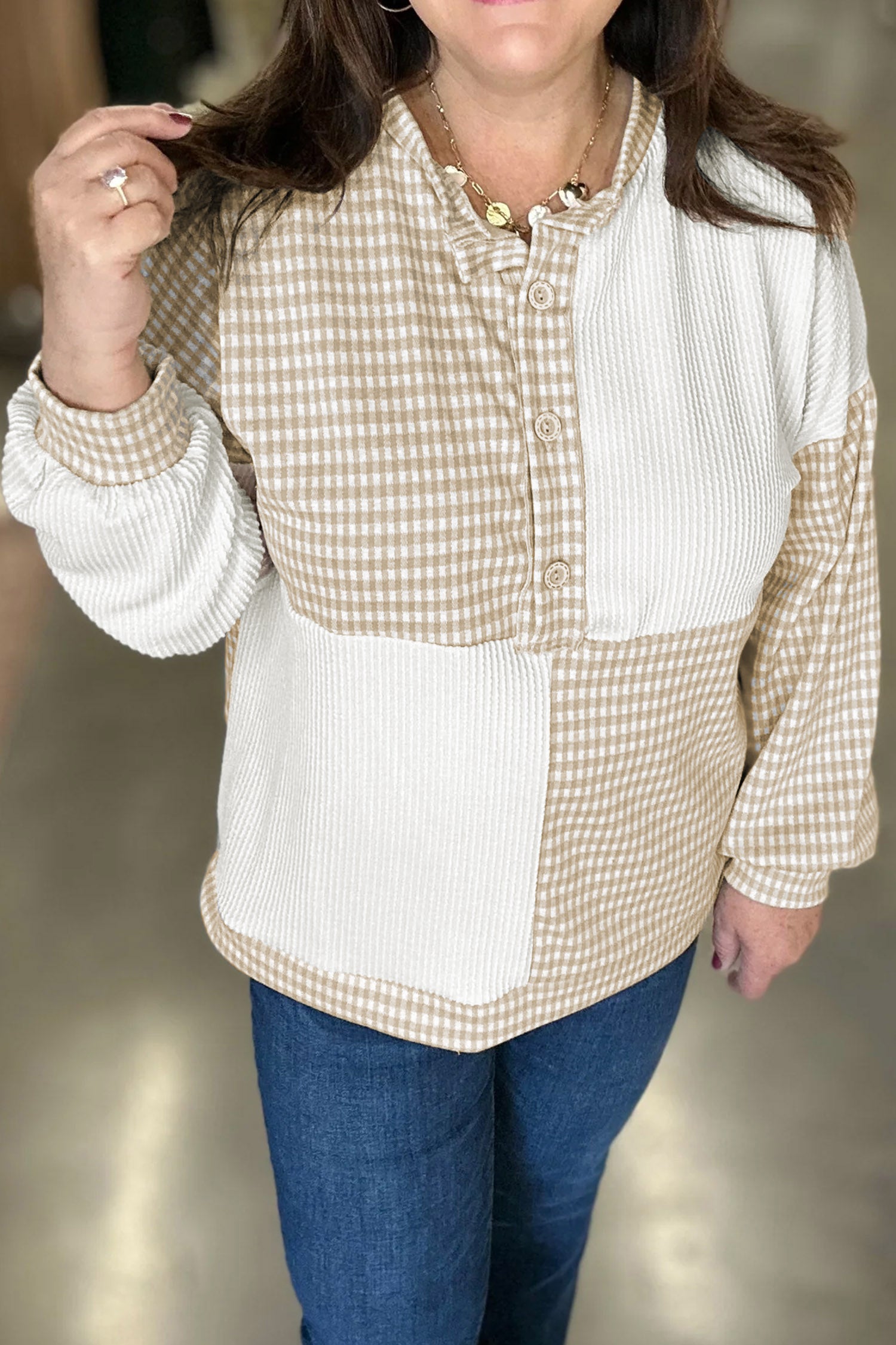 Khaki Patchwork Checkered Long Sleeve Round Neck Plus Size Blouse-Plus Size/Plus Size Tops/Plus Size Long Sleeve Tops-[Adult]-[Female]-2022 Online Blue Zone Planet