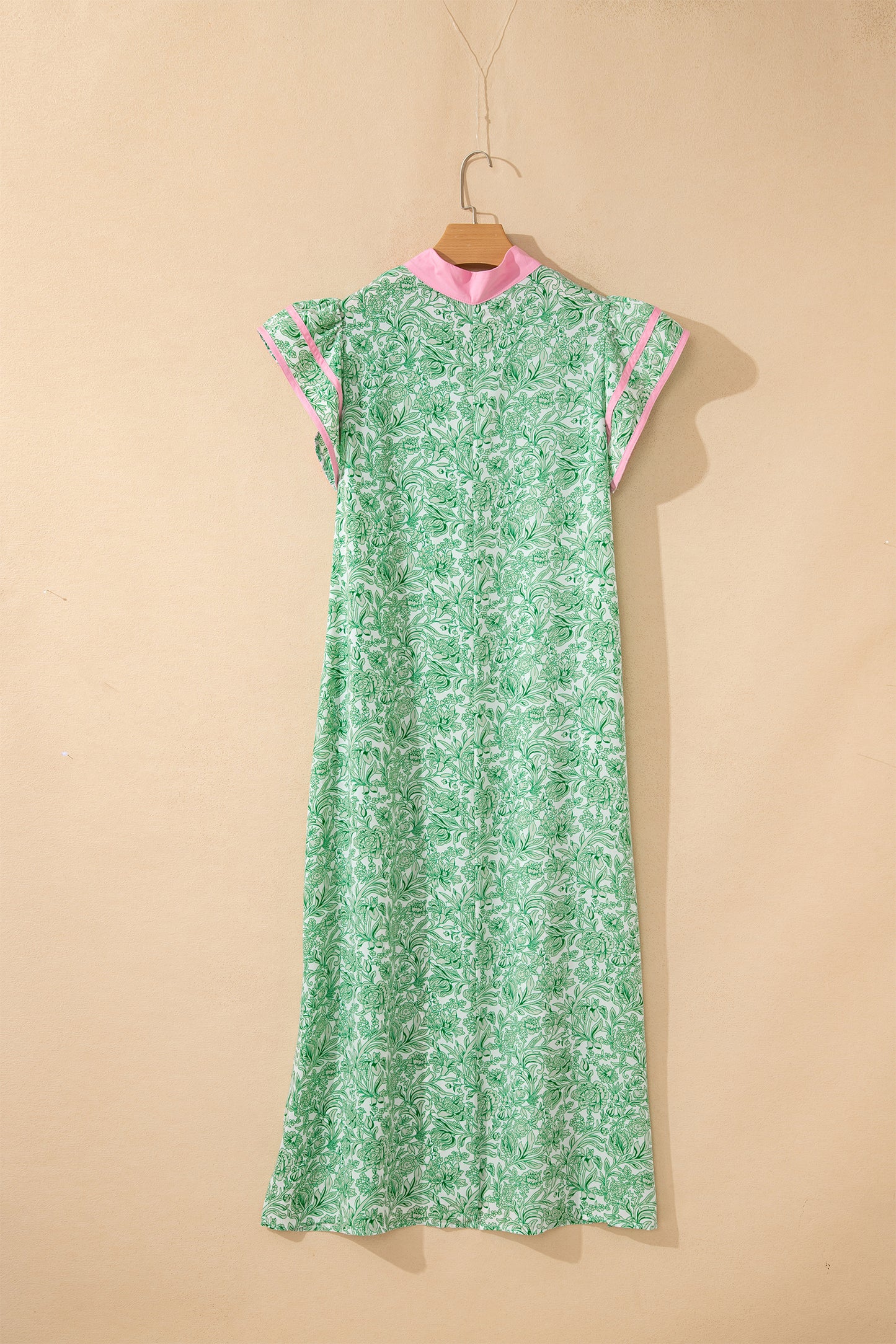 Pink Floral Print Color Block Patchwork V Neck Short Sleeve Midi Dress-TOPS / DRESSES-[Adult]-[Female]-2022 Online Blue Zone Planet