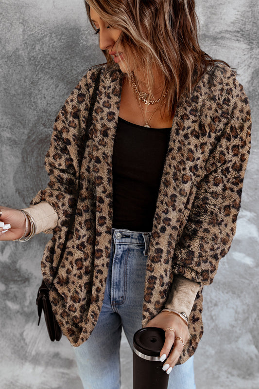 Leopard Soft Fleece Hooded Open Front Jacket-Tops / Dresses-[Adult]-[Female]-Leopard-S-2022 Online Blue Zone Planet