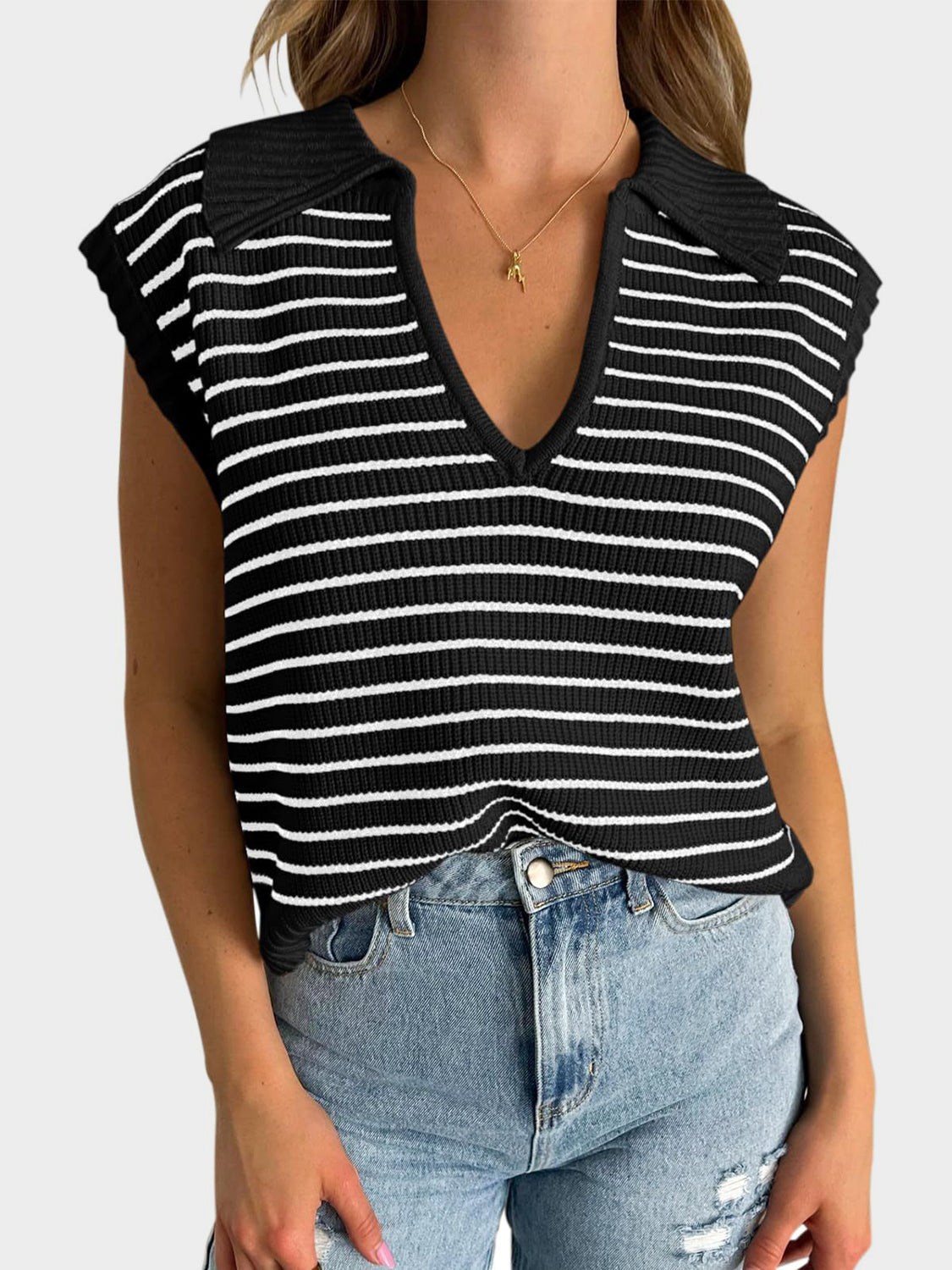 Blue Zone Planet | Mandy Collared Neck Striped Sweater Vest-TOPS / DRESSES-[Adult]-[Female]-Black-S-2022 Online Blue Zone Planet