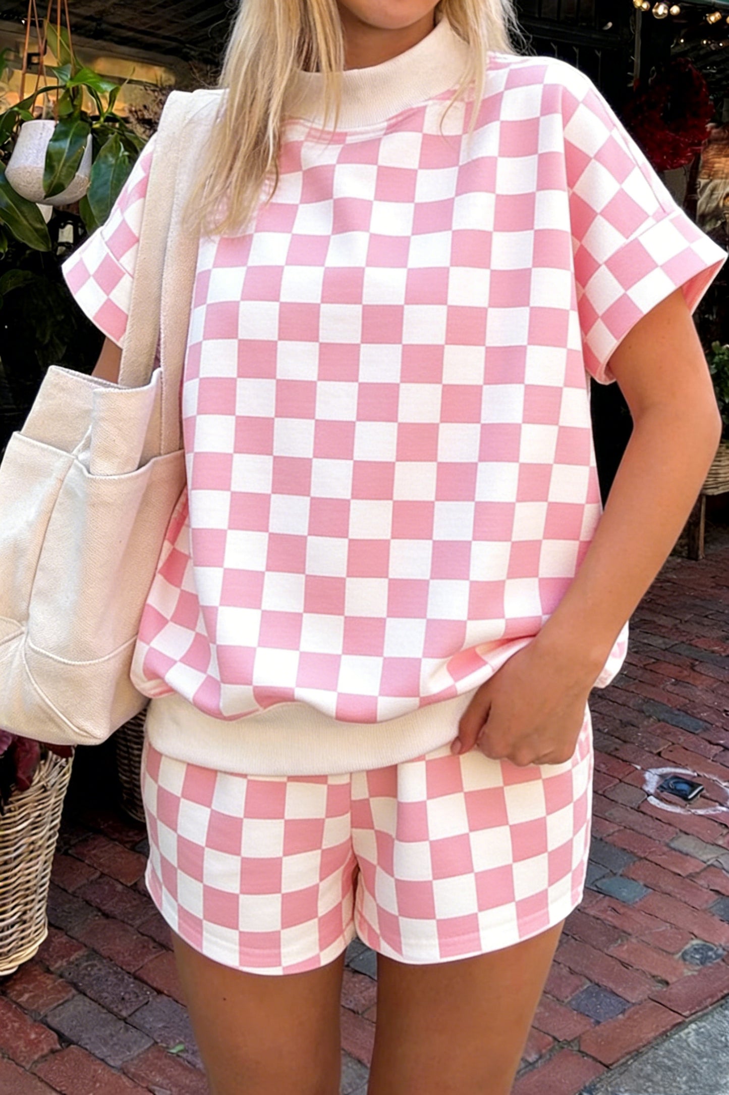 Pink Checkered Print Color Block Trim Mock Neck Short Set-Two Piece Sets/Short Sets-[Adult]-[Female]-Pink-S-2022 Online Blue Zone Planet