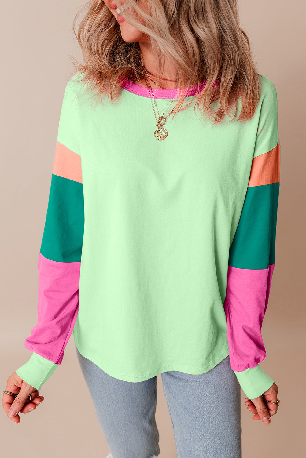 Blue Zone Planet | Green Colorblock Patchwork Long Sleeve Loose Top-TOPS / DRESSES-[Adult]-[Female]-2022 Online Blue Zone Planet