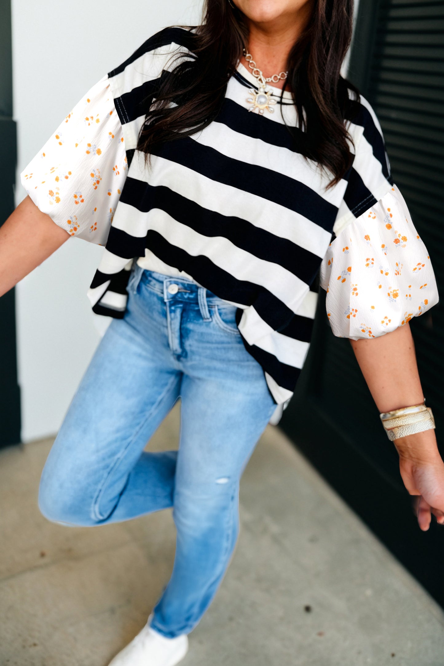 Black Stripe Floral Print Puff Sleeve Patchwork Blouse-Tops/Blouses & Shirts-[Adult]-[Female]-Black Stripe-S-2022 Online Blue Zone Planet