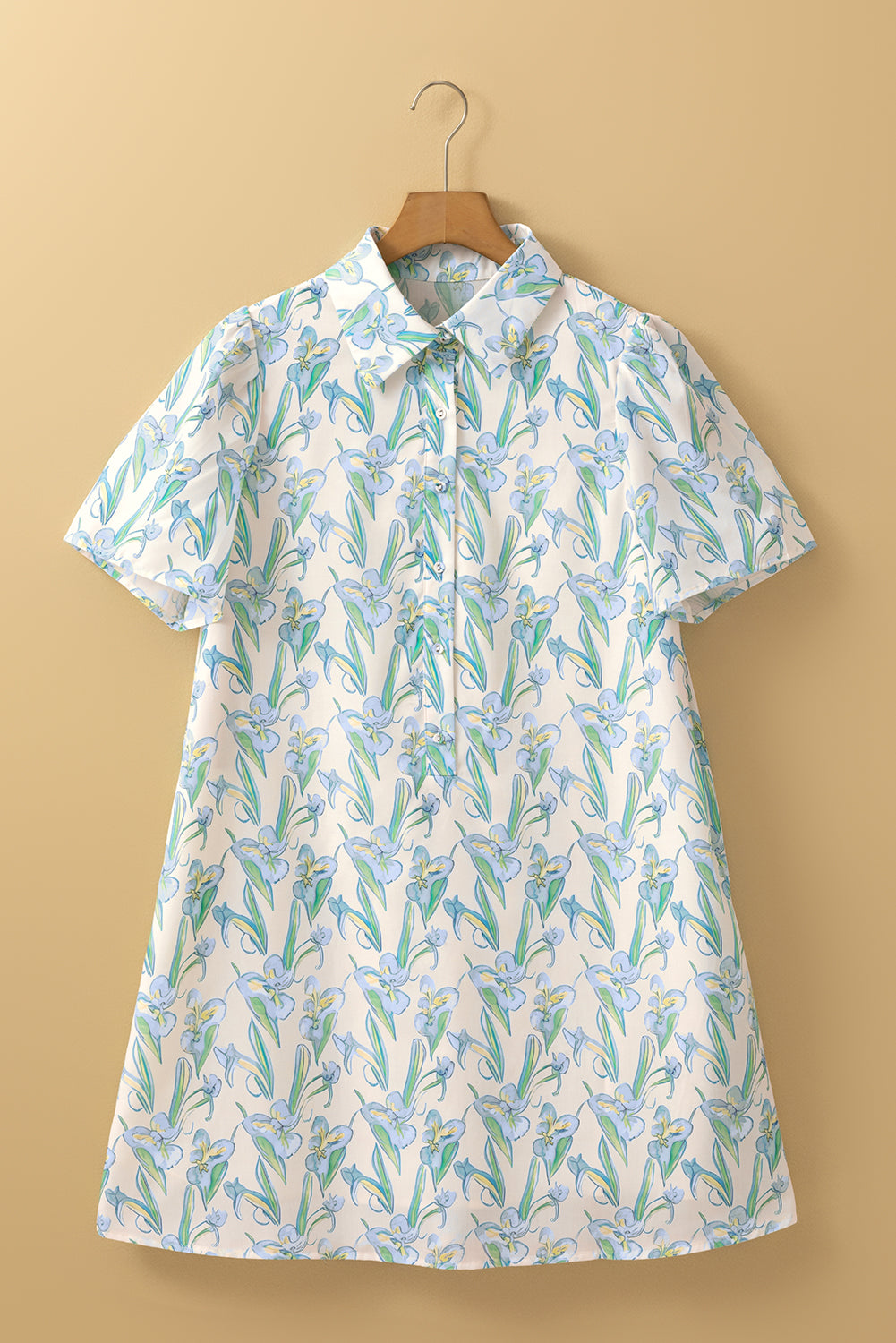 Green Floral Print Shirtcollar Buttoned Short Sleeve Shift Dress-TOPS / DRESSES-[Adult]-[Female]-2022 Online Blue Zone Planet