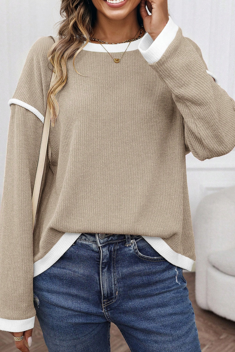 Four Leaf Clover Contrast Color Trim Knit Drop Shoulder Loose Top-Tops/Long Sleeve Tops-[Adult]-[Female]-Beige-S-2022 Online Blue Zone Planet