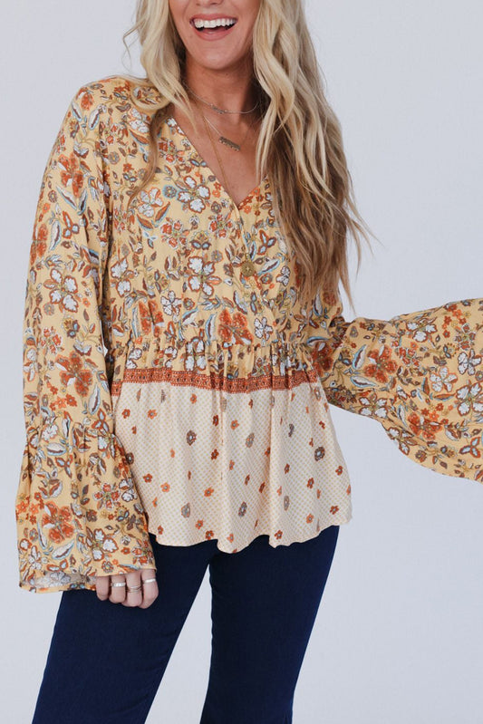 Yellow Printed Floral Bell Sleeve V Neck Wrapped Contrast Peplum Blouse-Tops/Blouses & Shirts-[Adult]-[Female]-Yellow Printed-S-2022 Online Blue Zone Planet