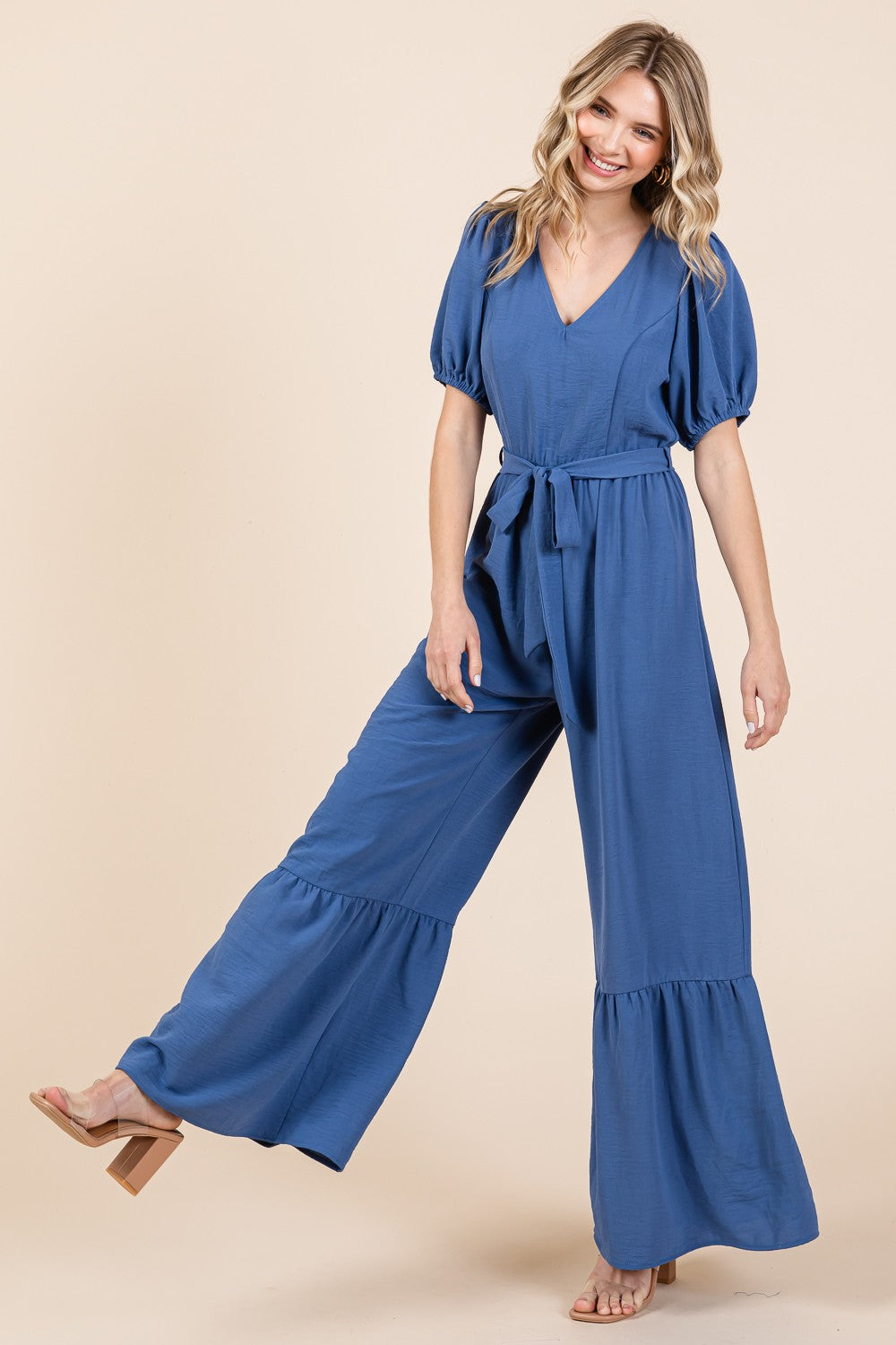 GeeGee Full Size V-Neck Belted Wide Leg Jumpsuit-TOPS / DRESSES-[Adult]-[Female]-2022 Online Blue Zone Planet