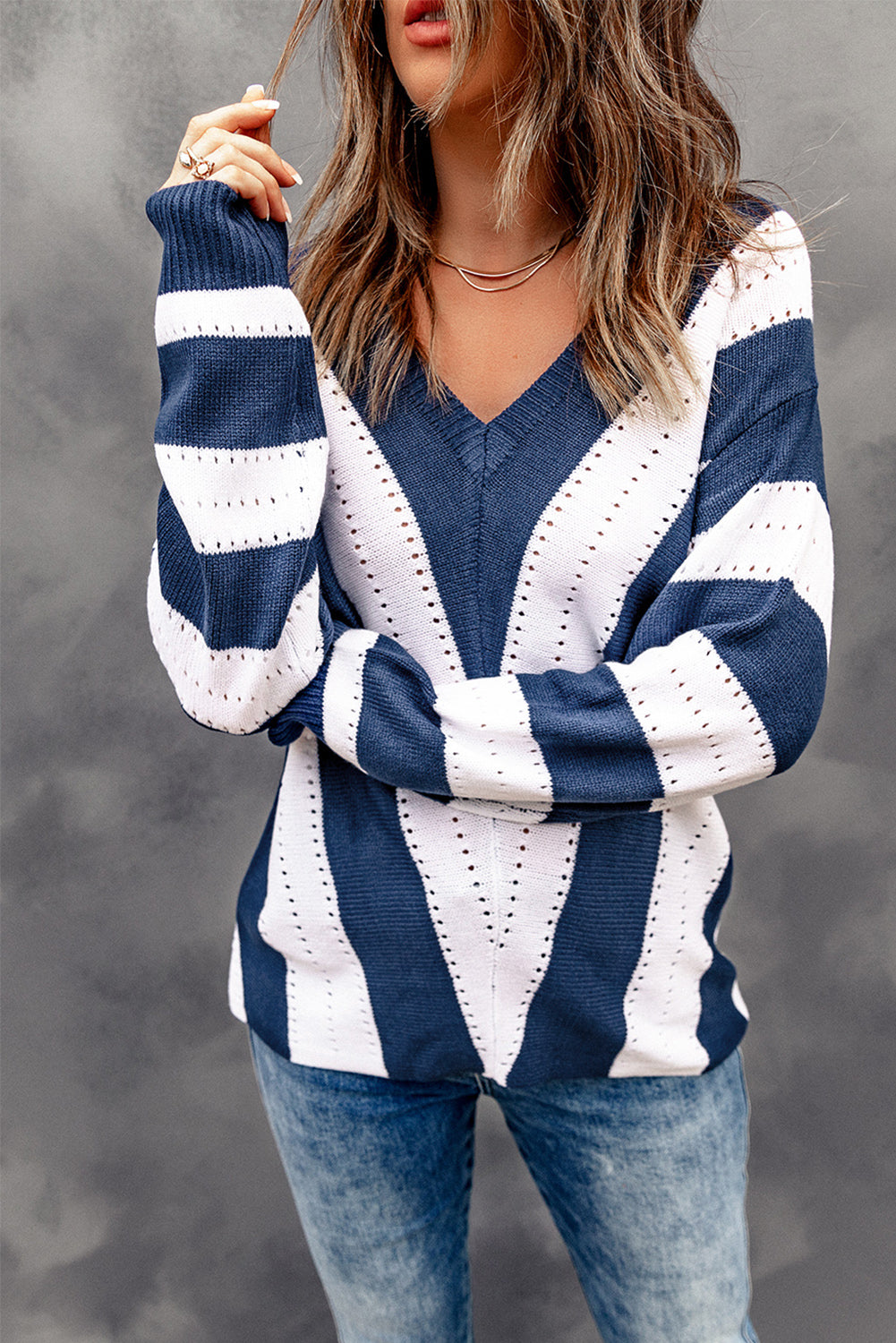 Blue Striped Colorblock V Neck Knitted Sweater-TOPS / DRESSES-[Adult]-[Female]-Blue-XS-2022 Online Blue Zone Planet