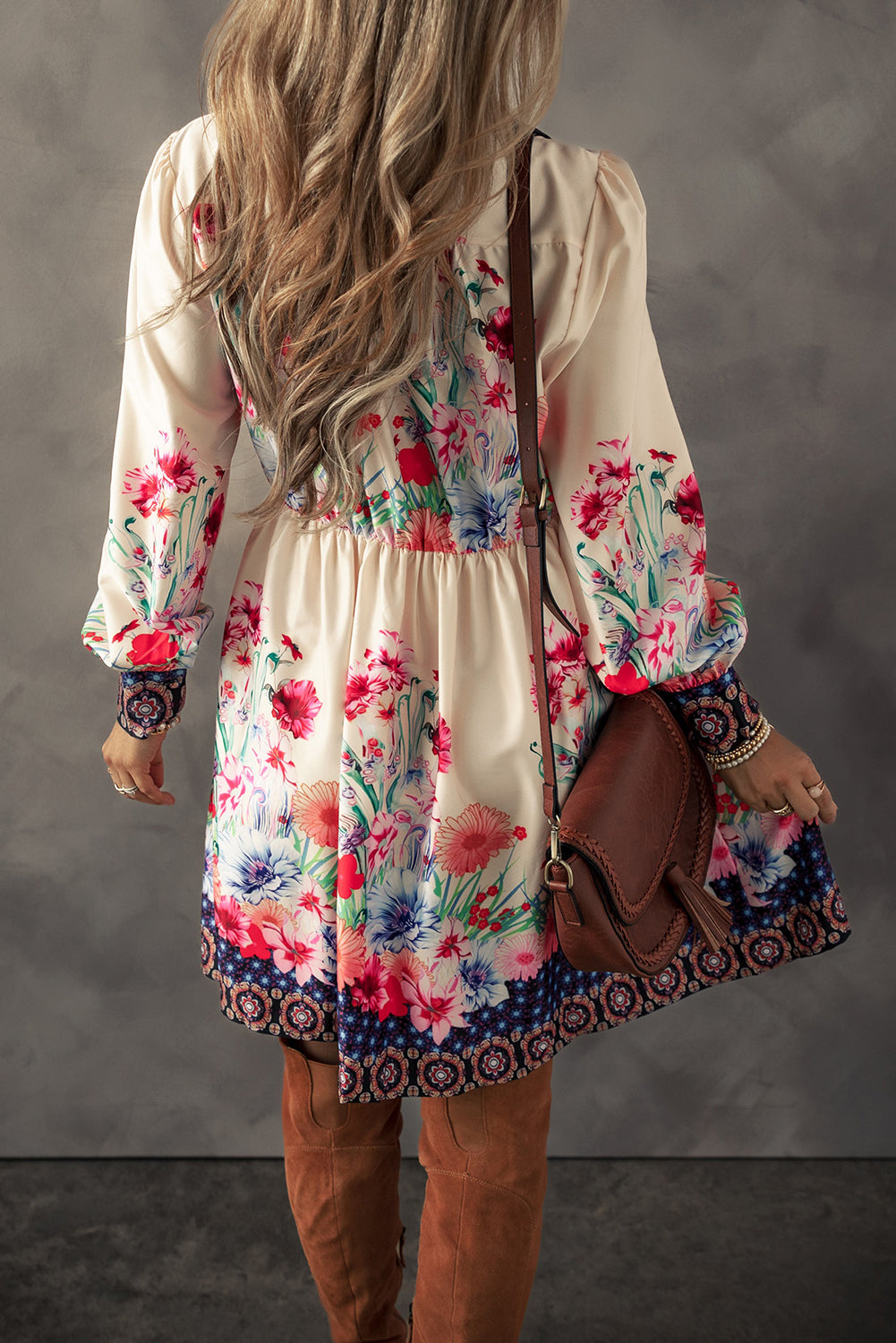 Apricot Floral Print Buttoned High Waist Shirt Mini Dress-Dresses/Mini Dresses-[Adult]-[Female]-2022 Online Blue Zone Planet