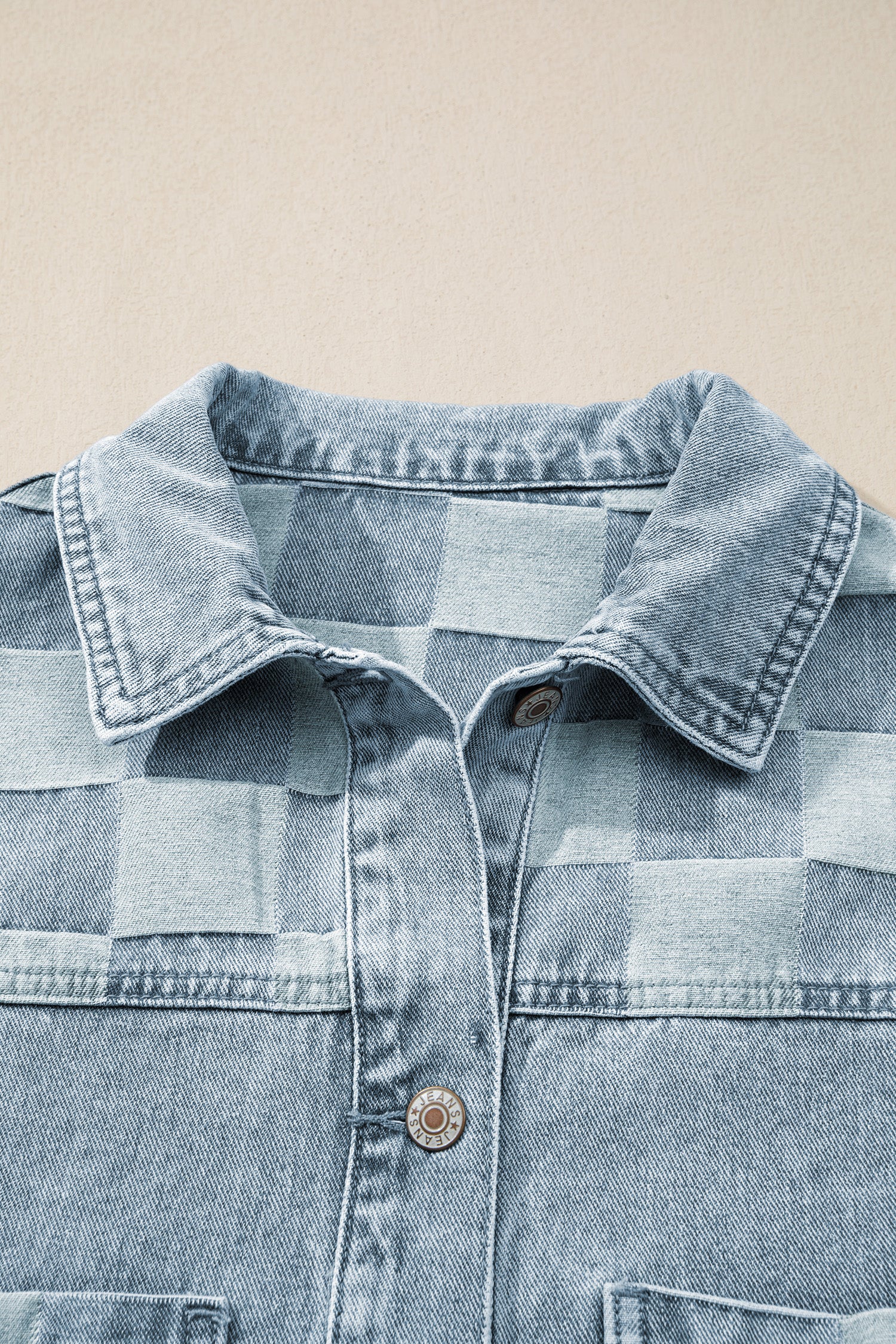 Beau Blue Denim Checkered Pattern Patchwork Womens Casual Jacket-Outerwear/Denim jackets-[Adult]-[Female]-2022 Online Blue Zone Planet