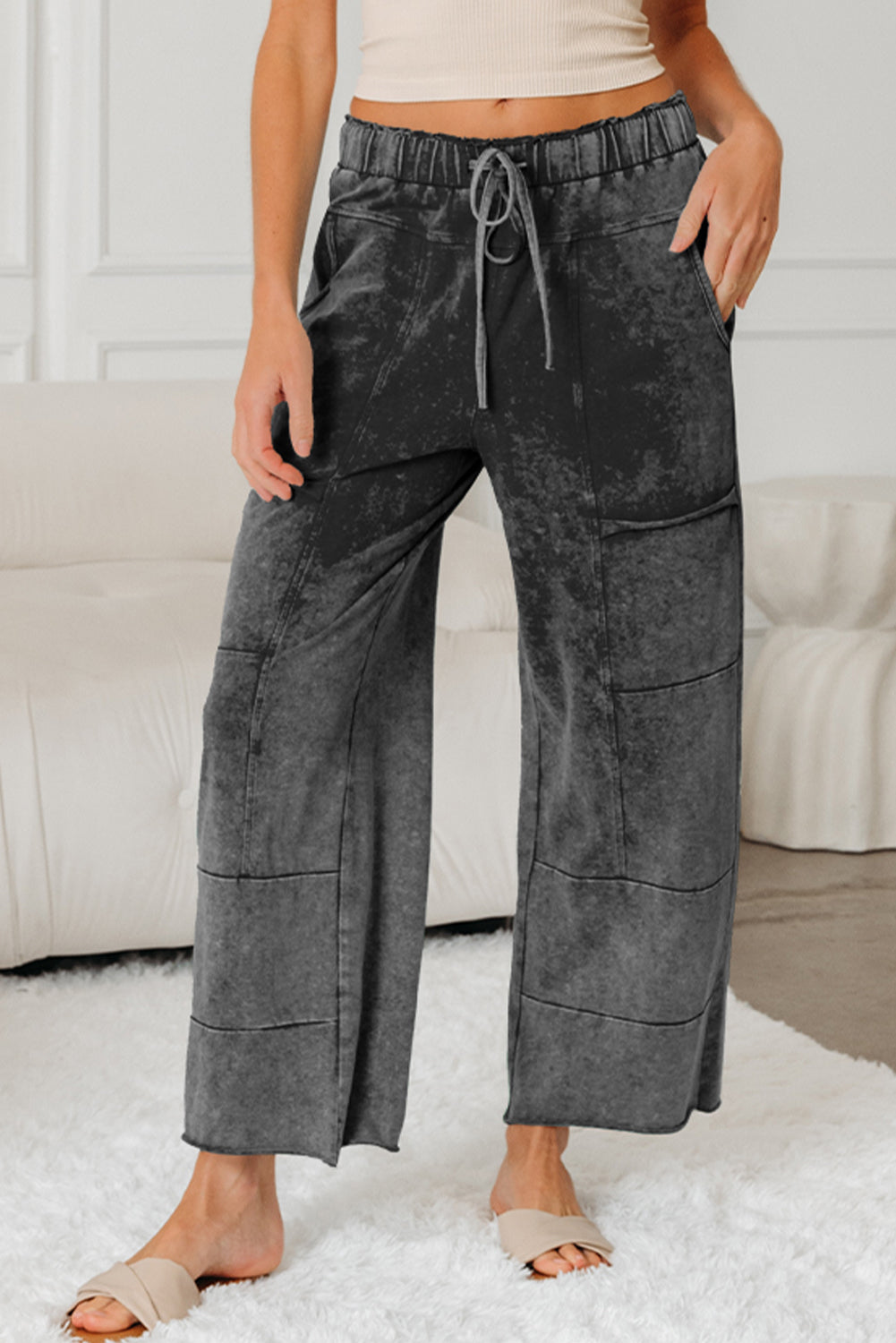 Medium Grey Mineral Wash Lace-Up High Waist Raw Hem Patched Pocket Pants-Bottoms/Pants & Culotte-[Adult]-[Female]-2022 Online Blue Zone Planet