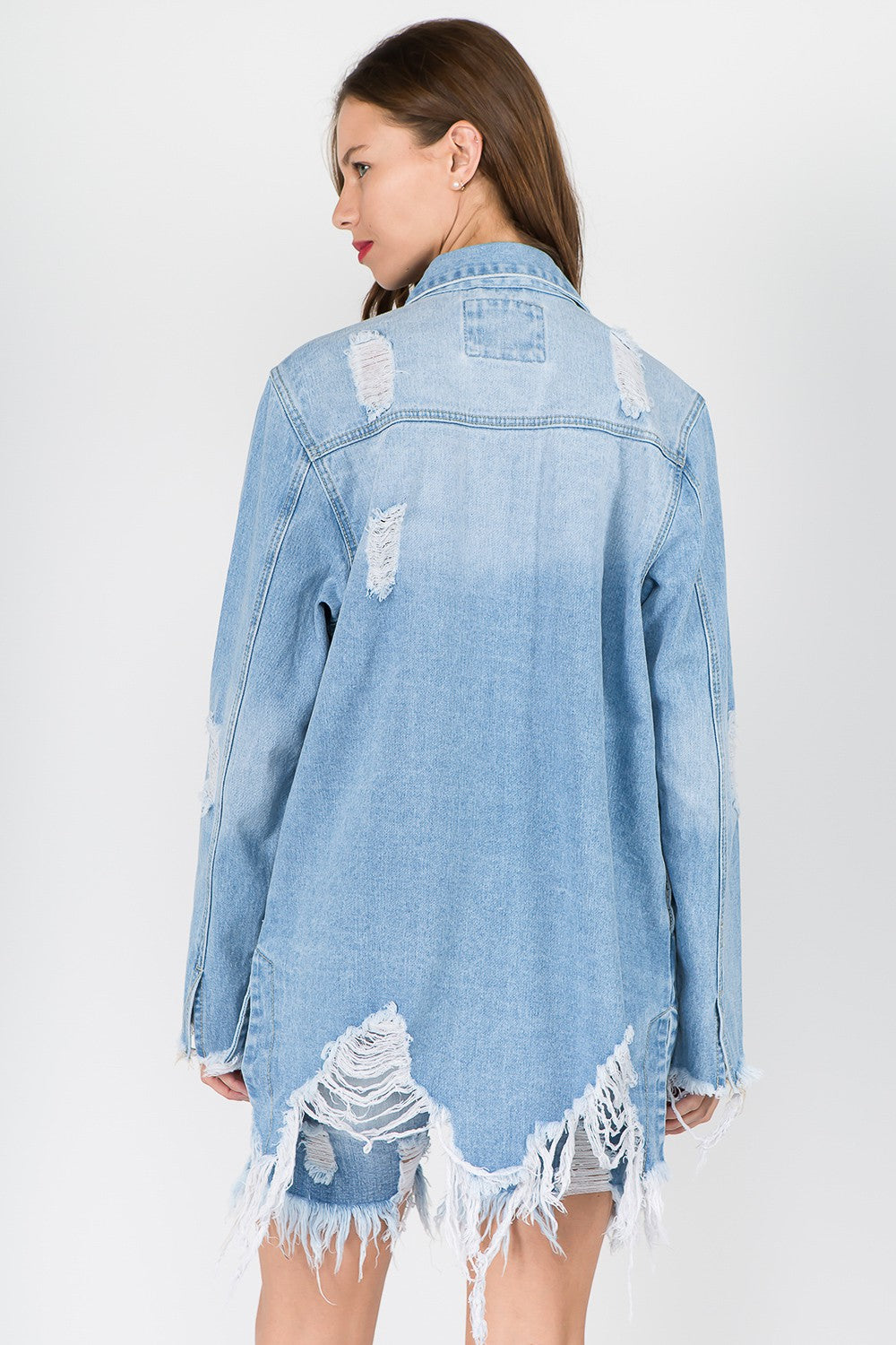 American Bazi Distressed Frayed Hem Denim Jacket-TOPS / DRESSES-[Adult]-[Female]-2022 Online Blue Zone Planet