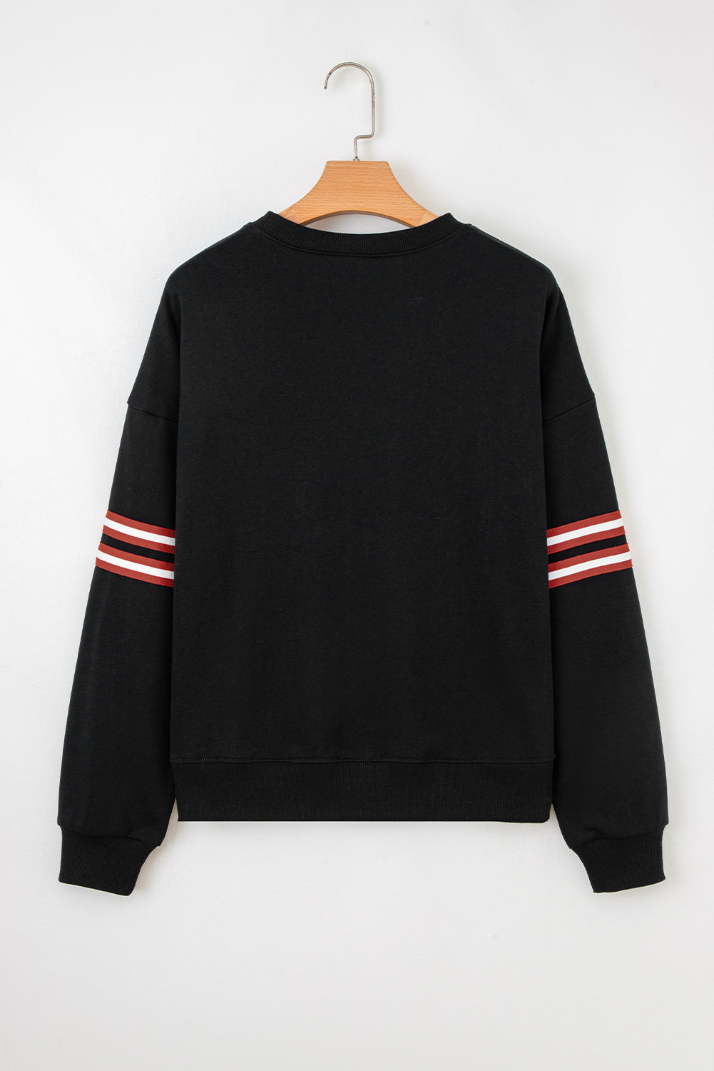 Black Varsity Baseball Bow Graphic Striped Sleeve Baggy Sweatshirt-Tops/Sweatshirts & Hoodies-[Adult]-[Female]-2022 Online Blue Zone Planet