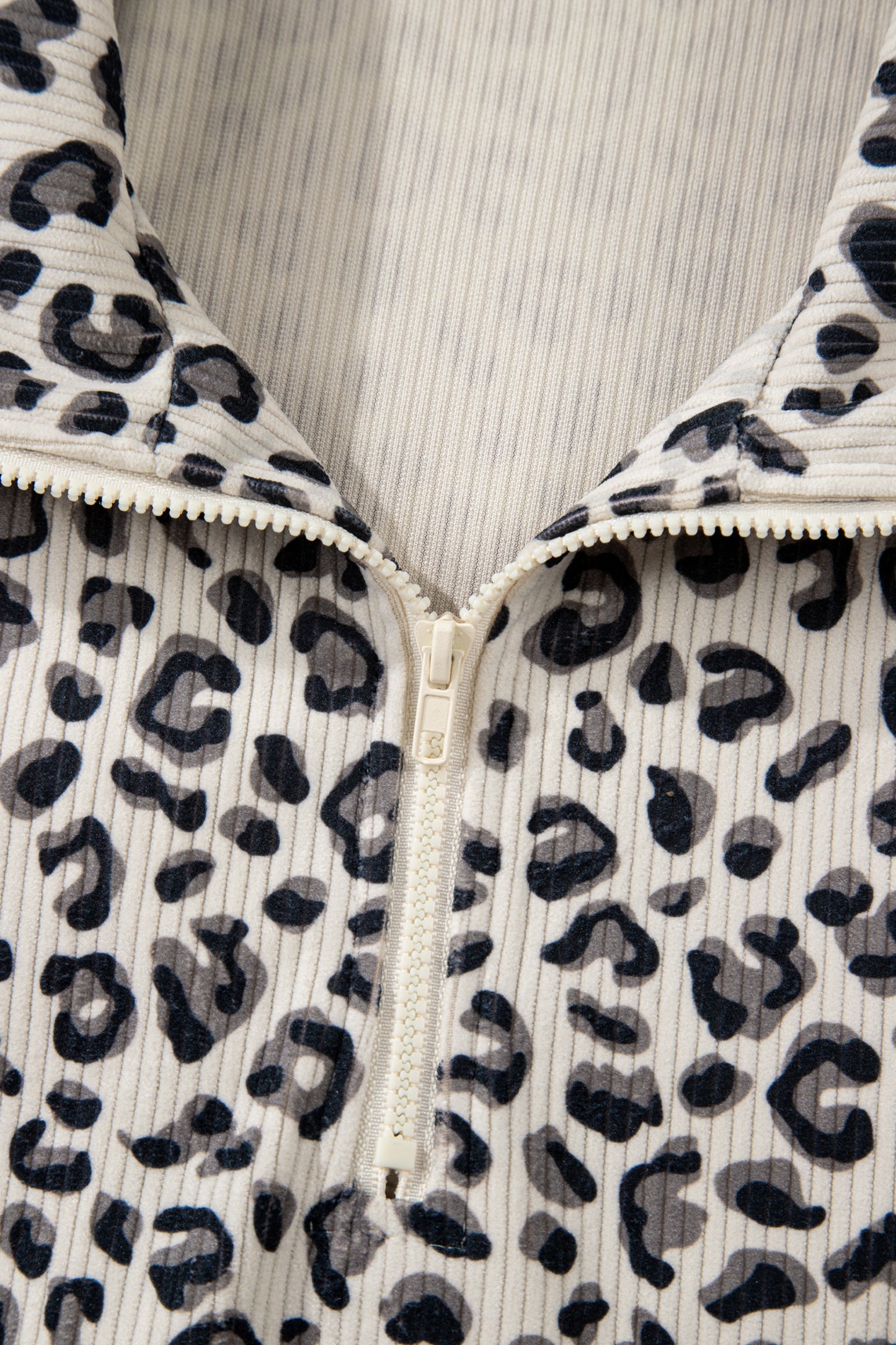 Beige Leopard Print Quarter Zip Corduroy Sweatshirt-Tops/Sweatshirts & Hoodies-[Adult]-[Female]-2022 Online Blue Zone Planet