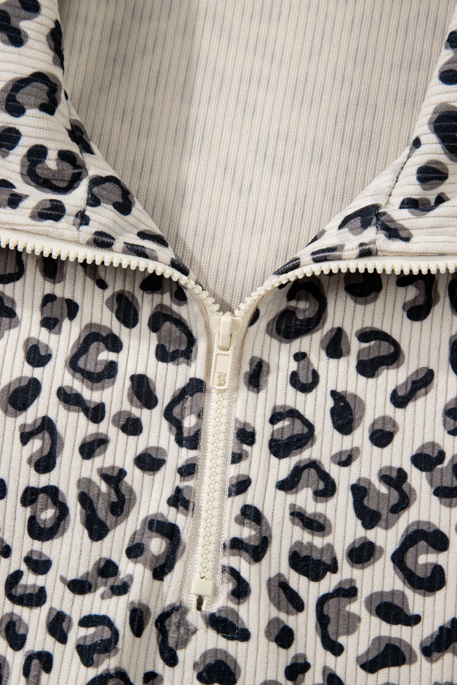 Beige Leopard Print Quarter Zip Corduroy Sweatshirt-Tops/Sweatshirts & Hoodies-[Adult]-[Female]-2022 Online Blue Zone Planet