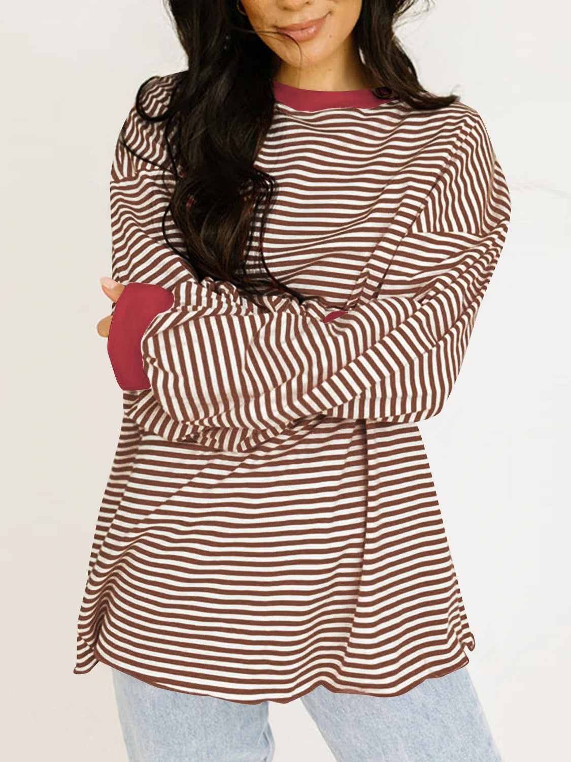 Contrast Striped Long Sleeve Sweatshirt-TOPS / DRESSES-[Adult]-[Female]-Burgundy-S-2022 Online Blue Zone Planet