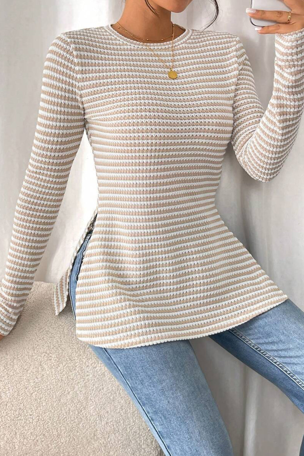Jet Stream Striped Knit Side Slit Slim Round Neck Tunic Top-Tops/Long Sleeve Tops-[Adult]-[Female]-2022 Online Blue Zone Planet
