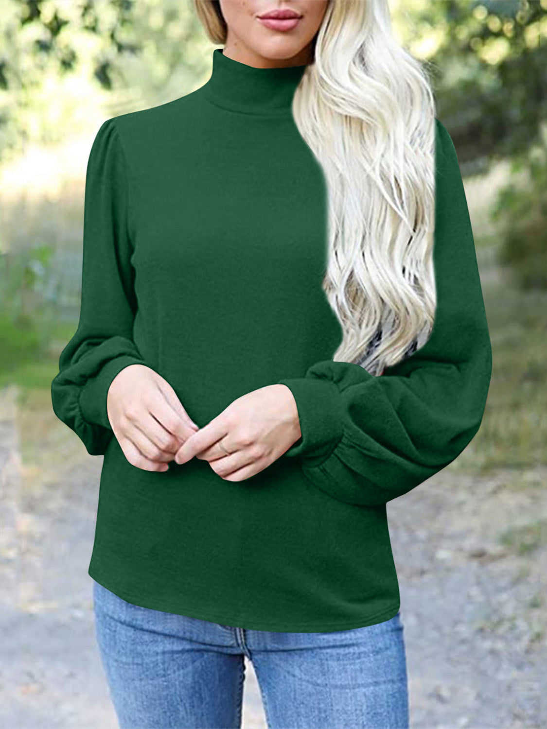 Full Size Mock Neck Long Sleeve T-Shirt-TOPS / DRESSES-[Adult]-[Female]-Dark Green-S-2022 Online Blue Zone Planet