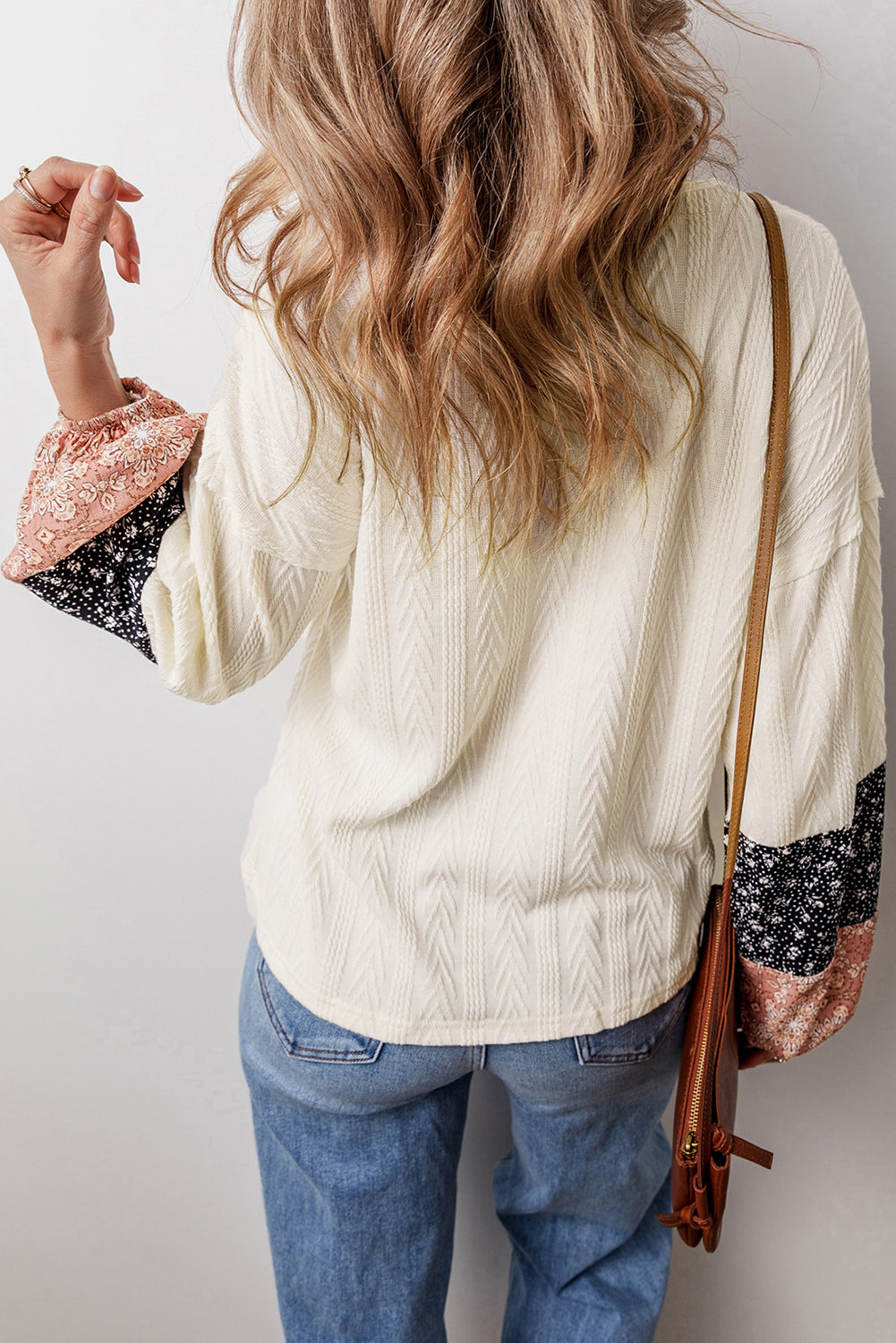Blue Zone Planet | Dusty Pink Floral Patchwork Textured Knit Drawstring V Neck Blouse-Tops/Blouses & Shirts-[Adult]-[Female]-2022 Online Blue Zone Planet