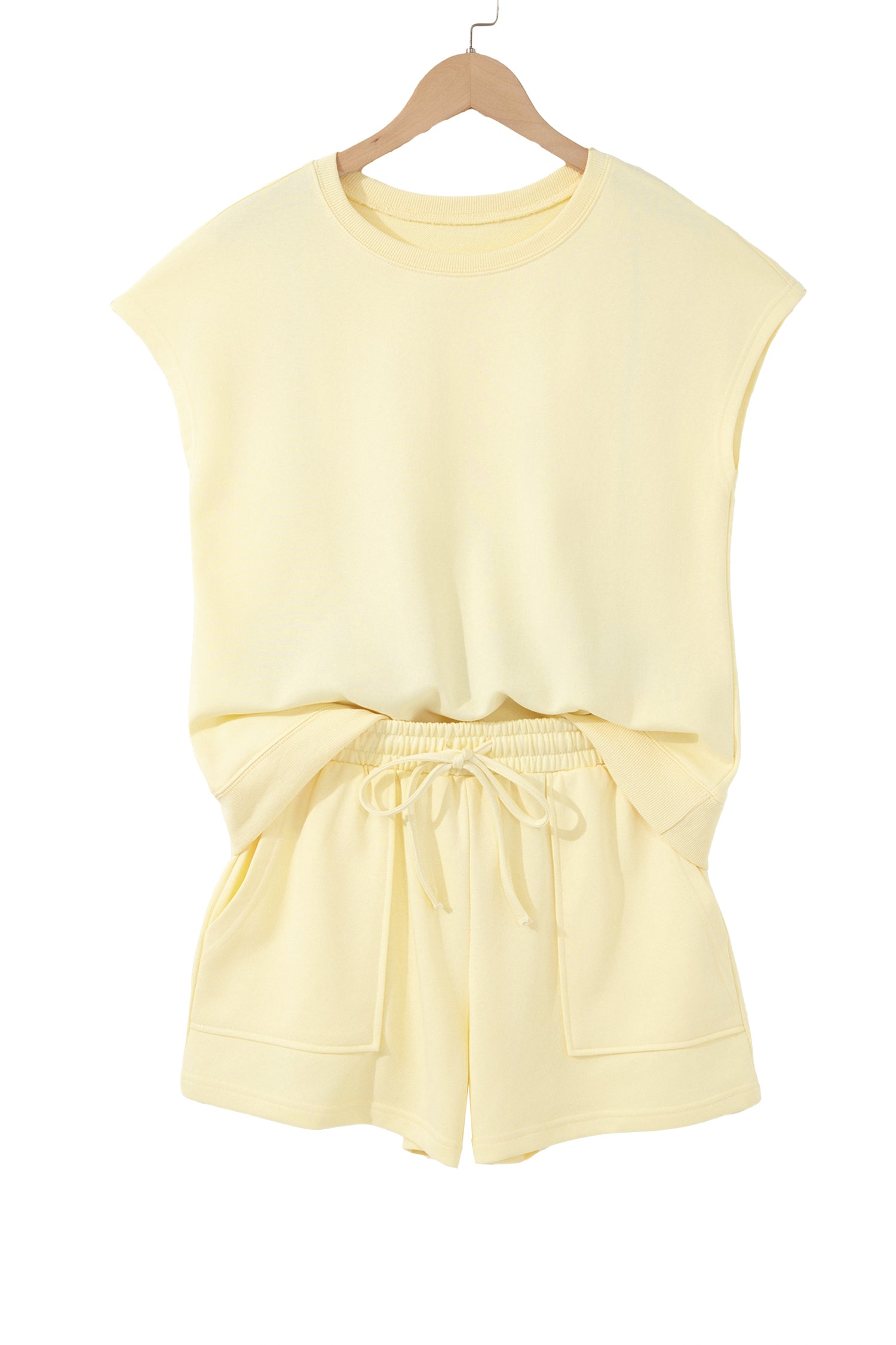 Yellow Cream Solid Color Tee Drawstring Shorts Comfy 2pcs Set-Two Piece Sets/Short Sets-[Adult]-[Female]-2022 Online Blue Zone Planet