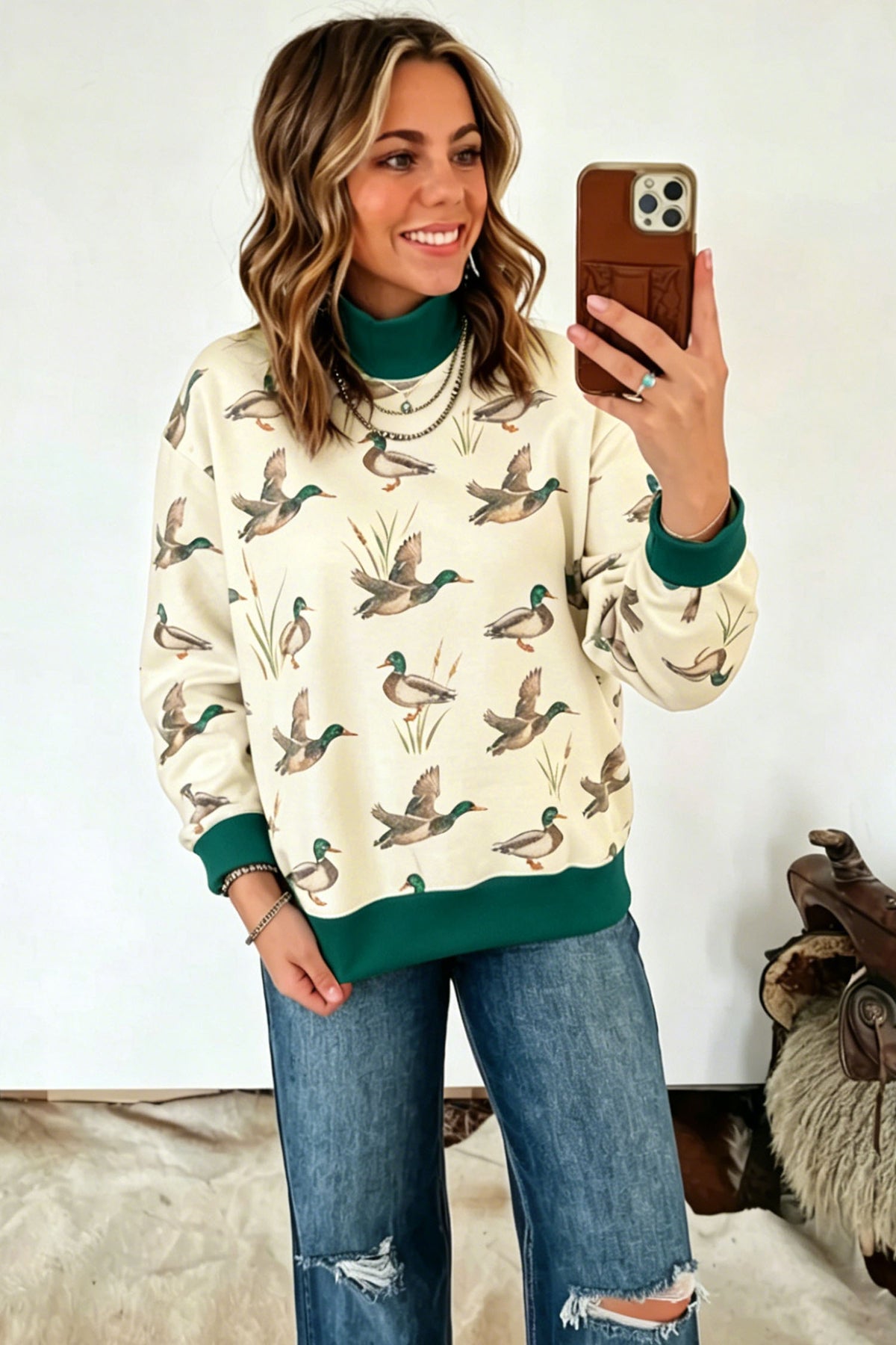 Multicolour Mallard Print Patchwork Colorblock High Neck Sweatshirt-Tops/Sweatshirts & Hoodies-[Adult]-[Female]-2022 Online Blue Zone Planet