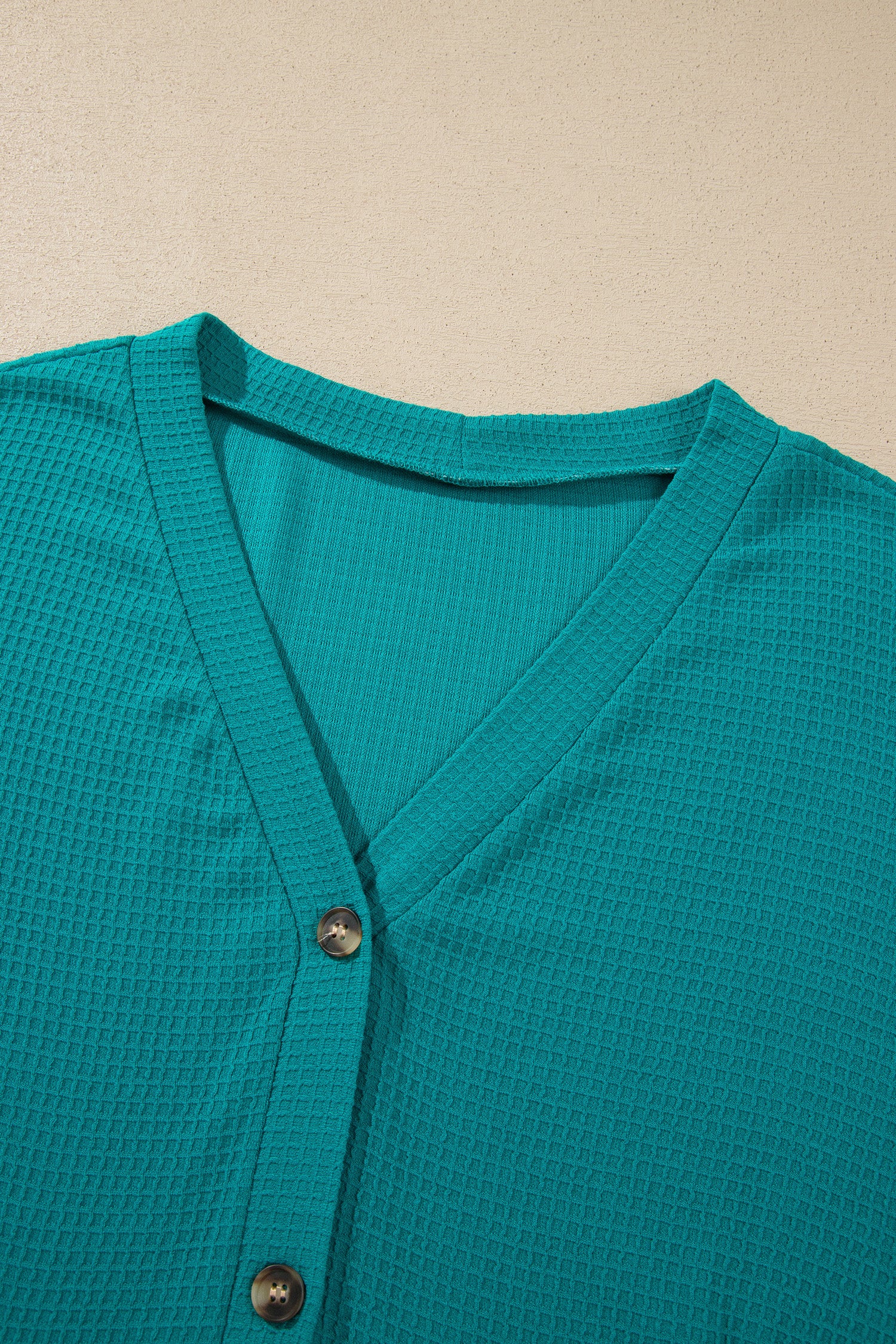 Lapis V Neck Waffle Textured Button Front Tunic Long Sleeve Plus Size Cardigan-Plus Size/Plus Size Outerwear-[Adult]-[Female]-2022 Online Blue Zone Planet