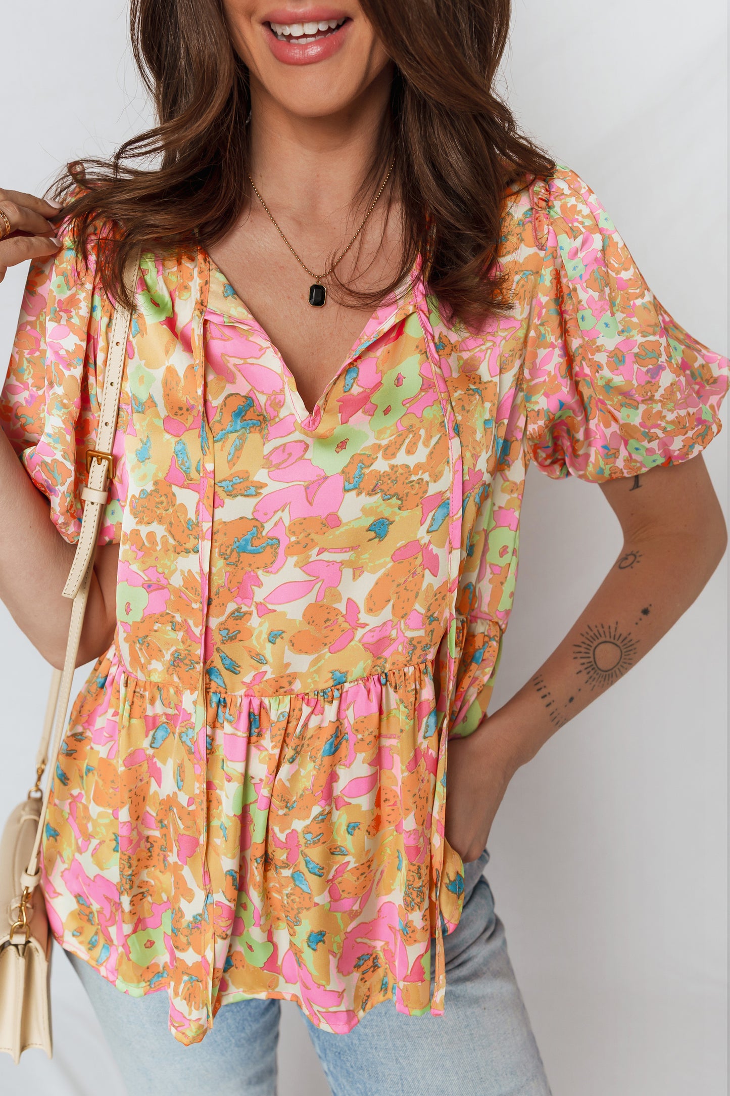 Orange Split V Neck Short Sleeve Flower Blouse-Tops/Blouses & Shirts-[Adult]-[Female]-2022 Online Blue Zone Planet