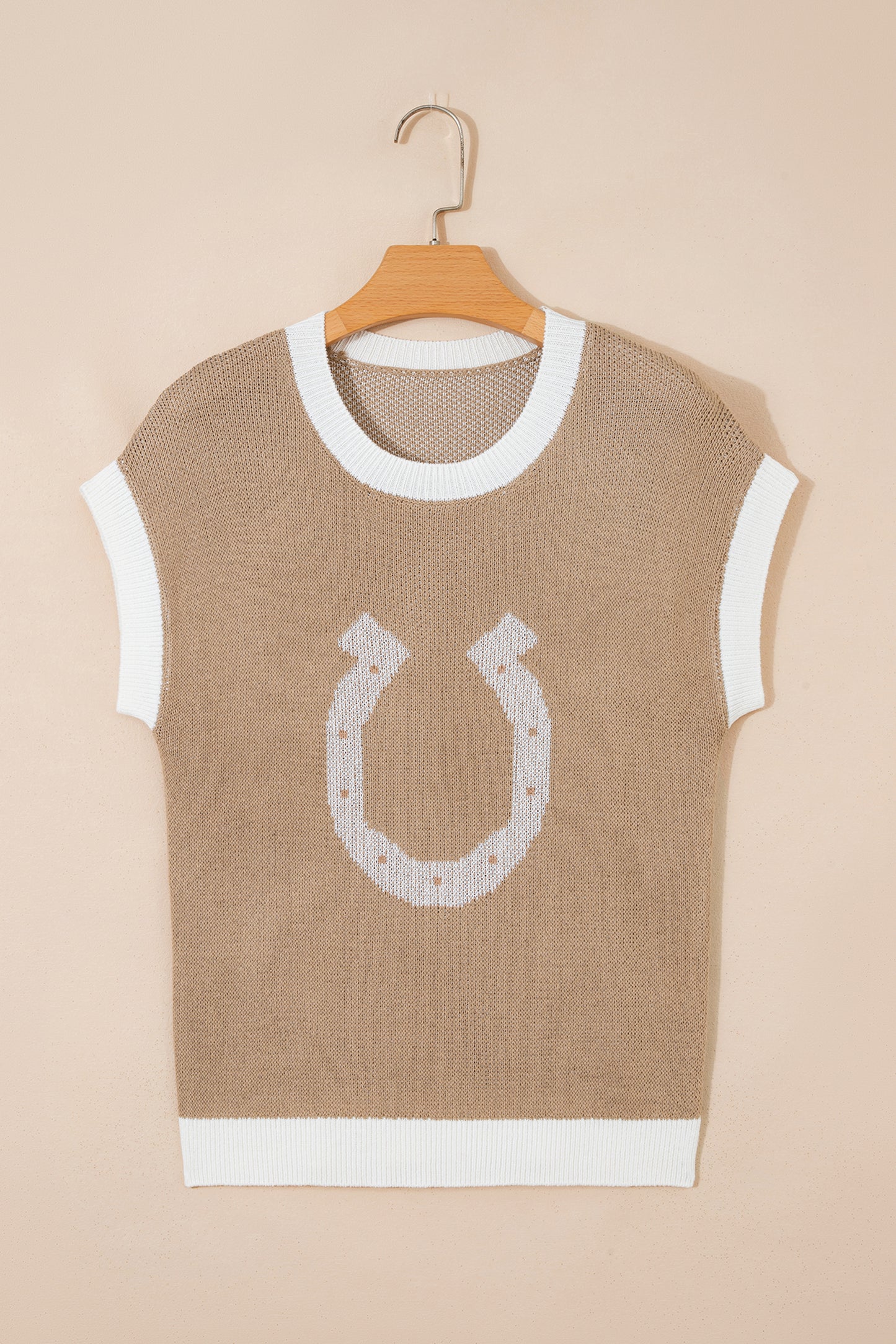 Goat Horse Shoe Pattern Contrast Trim Short Sleeve Sweater-Sweaters & Cardigans/Short Sleeve Sweaters-[Adult]-[Female]-2022 Online Blue Zone Planet