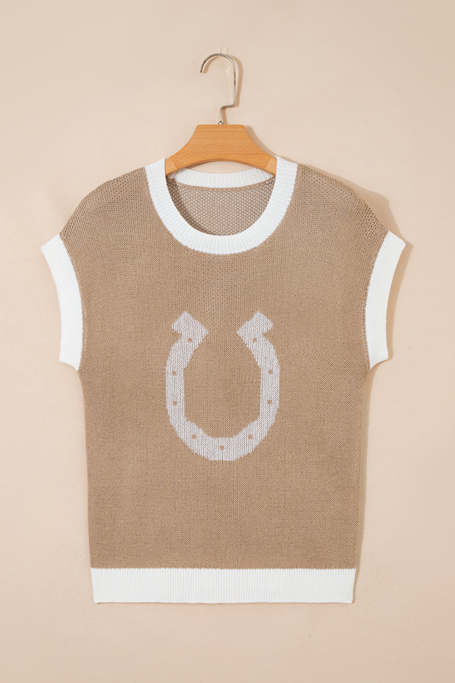 Goat Horse Shoe Pattern Contrast Trim Short Sleeve Sweater-Sweaters & Cardigans/Short Sleeve Sweaters-[Adult]-[Female]-2022 Online Blue Zone Planet