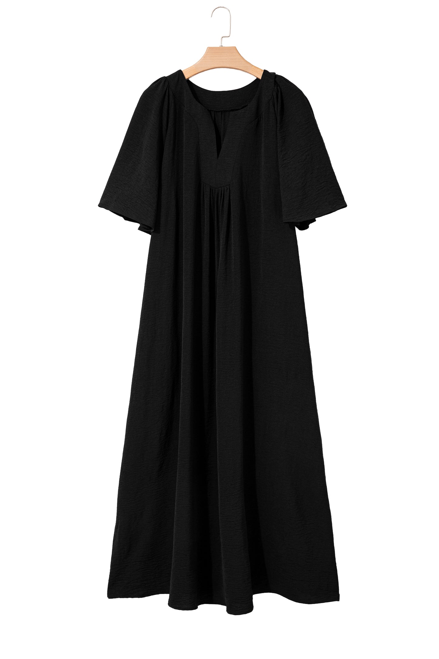 Black Plus Size Solid Color Notched Neck Short Sleeve Loose Dress-TOPS / DRESSES-[Adult]-[Female]-2022 Online Blue Zone Planet