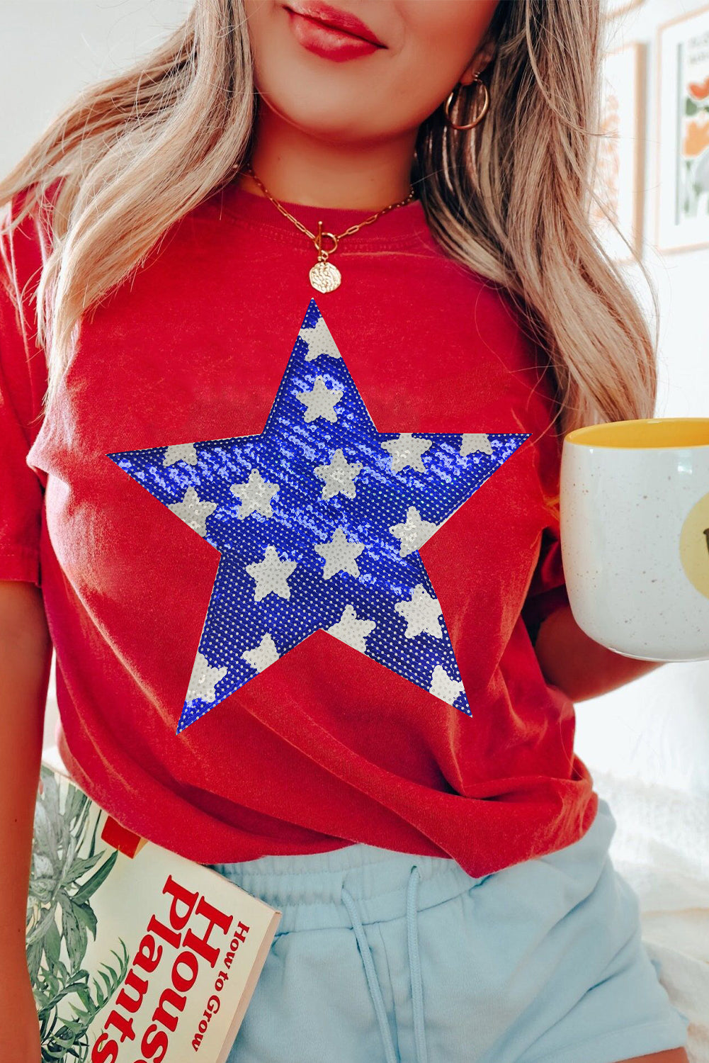 Red Sequin Star Graphic Crewneck T Shirt-Graphic/Graphic Tees-[Adult]-[Female]-Red-2-S-2022 Online Blue Zone Planet