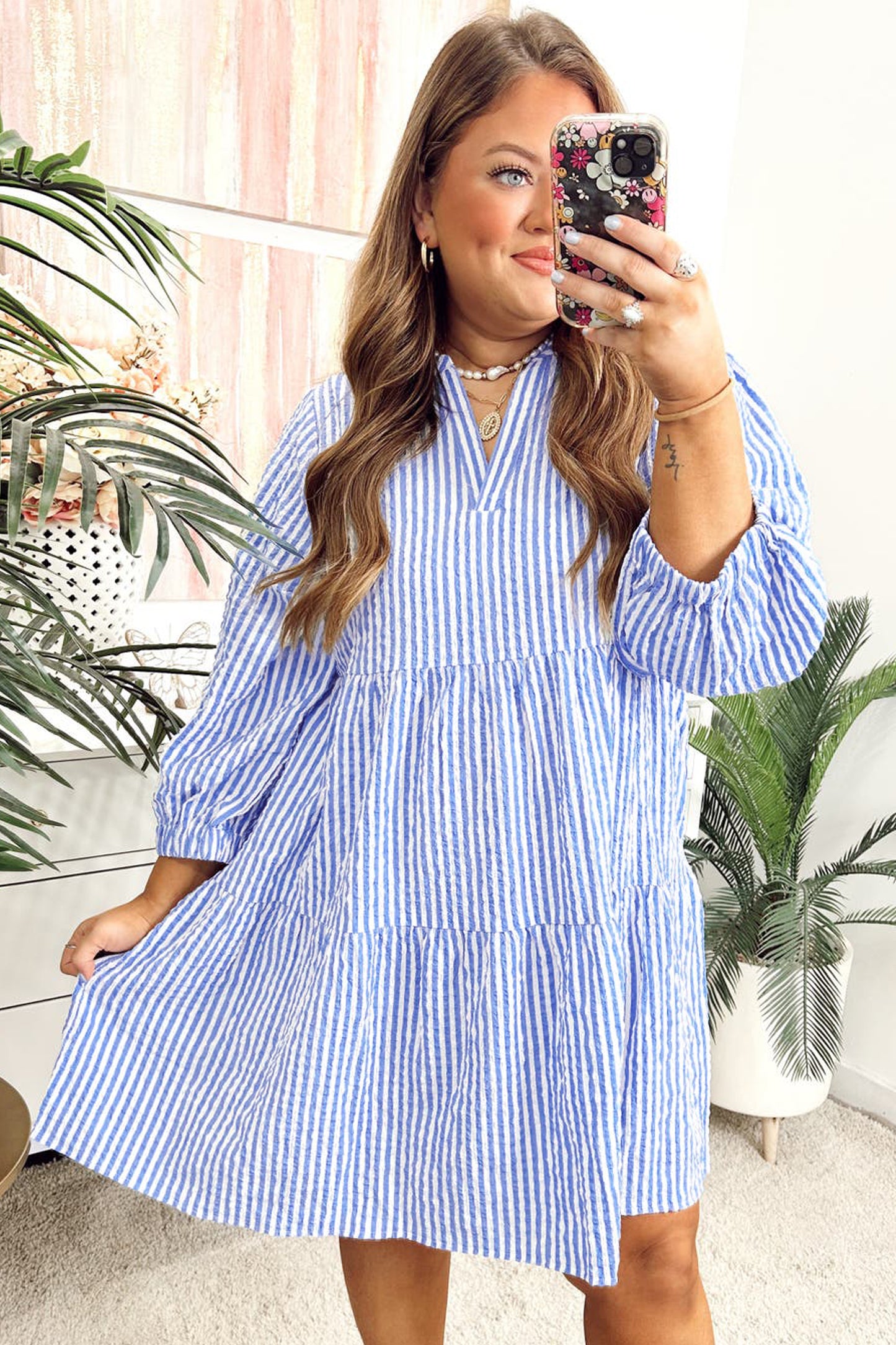 Sky Blue Stripe Seersucker Textured Notched Neck Long Puff Sleeve Tiered Curvy Dress-TOPS / DRESSES-[Adult]-[Female]-2022 Online Blue Zone Planet