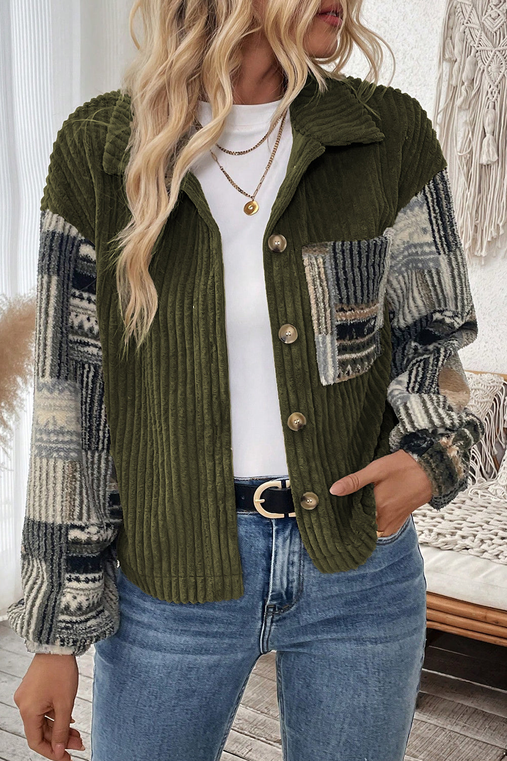 Jungle Green Ribbed Fleece Plaid Print Patchwork Button Up Jacket-Outerwear/Jackets-[Adult]-[Female]-2022 Online Blue Zone Planet