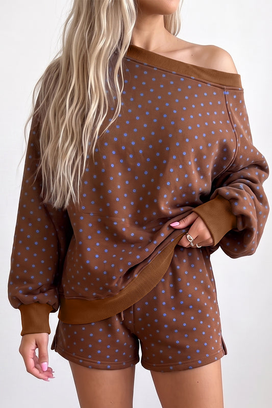 Brown Polka Dot Relaxed Long Sleeve Top Drawstring Shorts 2pcs Sets-Two Piece Sets/Short Sets-[Adult]-[Female]-Brown-S-2022 Online Blue Zone Planet