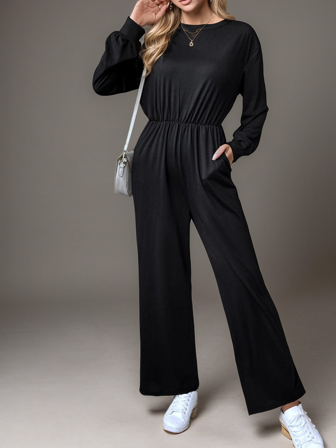 Tied Round Neck Wide Leg Jumpsuit-TOPS / DRESSES-[Adult]-[Female]-2022 Online Blue Zone Planet