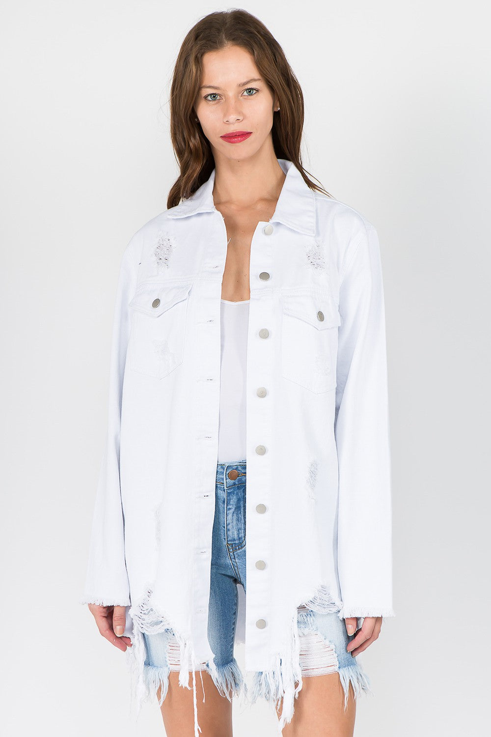 American Bazi Distressed Frayed Hem Denim Jacket-TOPS / DRESSES-[Adult]-[Female]-White-S-2022 Online Blue Zone Planet