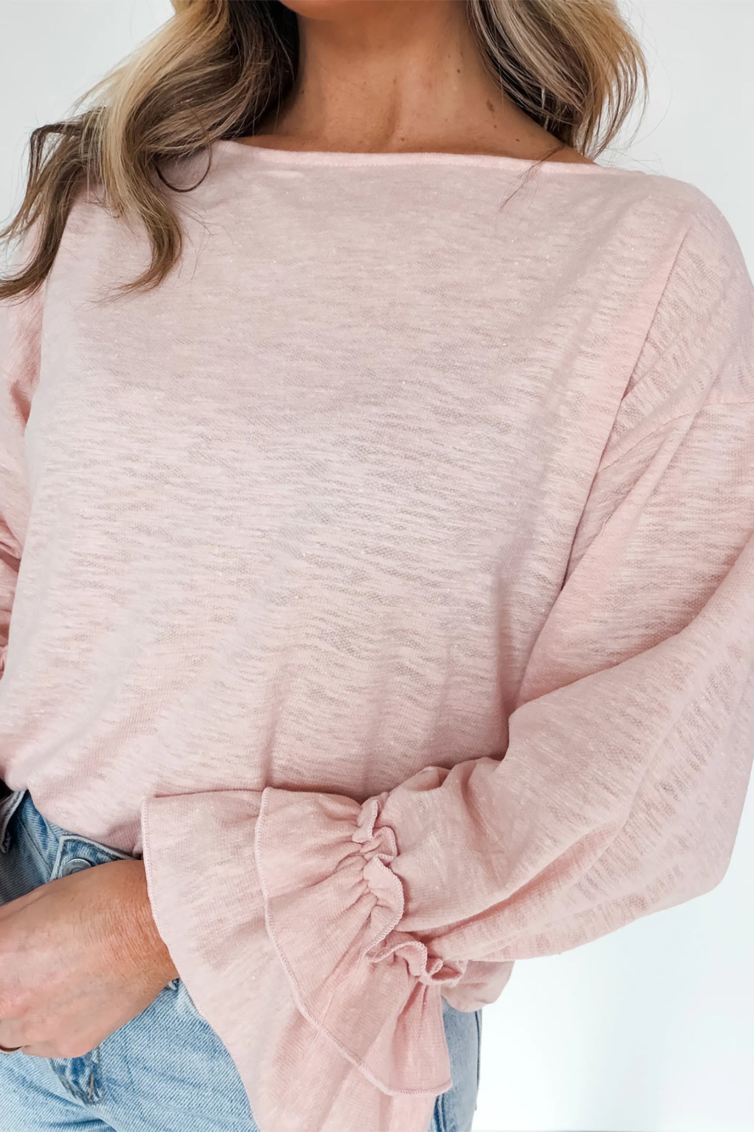 Gossamer Pink Ruffle Sleeve Long Sleeve Loose Pullover Top-Tops/Long Sleeve Tops-[Adult]-[Female]-2022 Online Blue Zone Planet