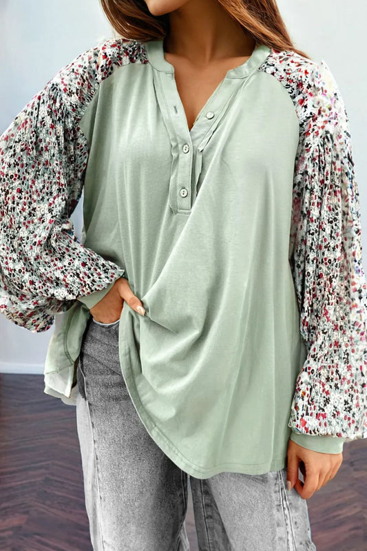 Printed Notched Long Sleeve Blouse-TOPS / DRESSES-[Adult]-[Female]-Light Green-S-2022 Online Blue Zone Planet