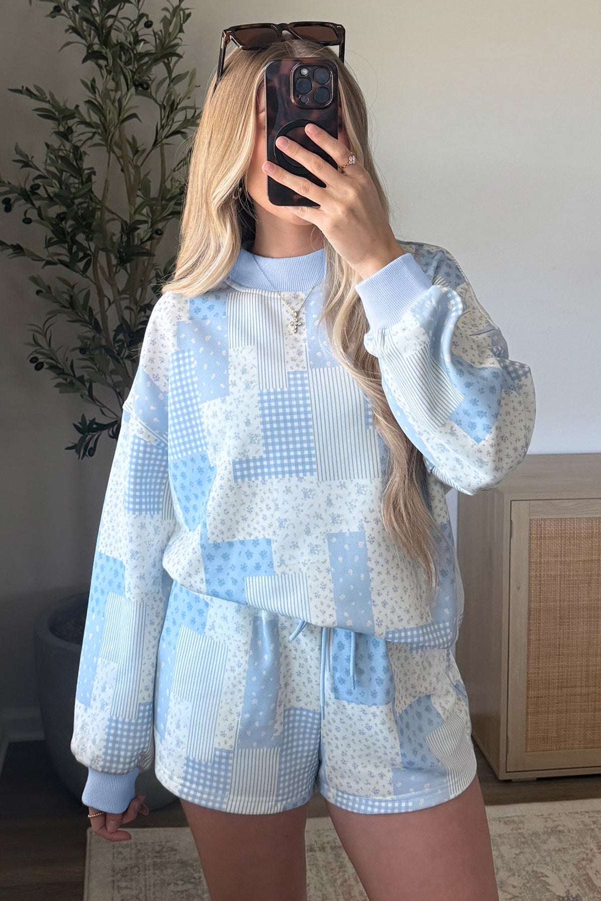 Sky Blue Patchwork Floral Print Drop Shoulder Baggy Pullover Drawstring Shorts Set-Two Piece Sets/Short Sets-[Adult]-[Female]-2022 Online Blue Zone Planet