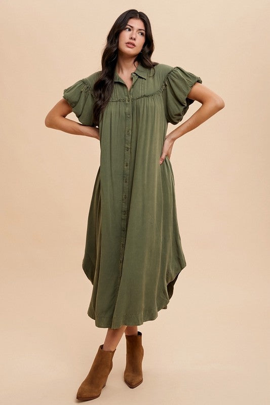 Annie Wear Mineral Washed Button Down Puff Sleeve Shirt Dress-TOPS / DRESSES-[Adult]-[Female]-Army Green-S-2022 Online Blue Zone Planet