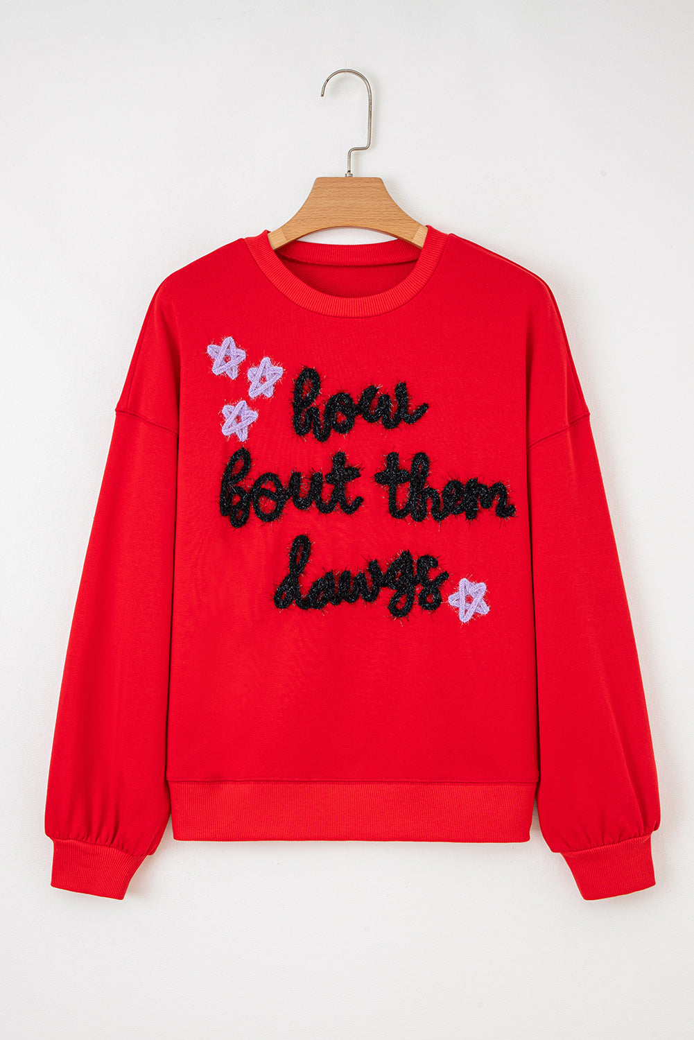 Fiery Red How Bout Them Dawgs Embroidered Script Balloon Sleeve Sweatshirt-Tops/Sweatshirts & Hoodies-[Adult]-[Female]-2022 Online Blue Zone Planet